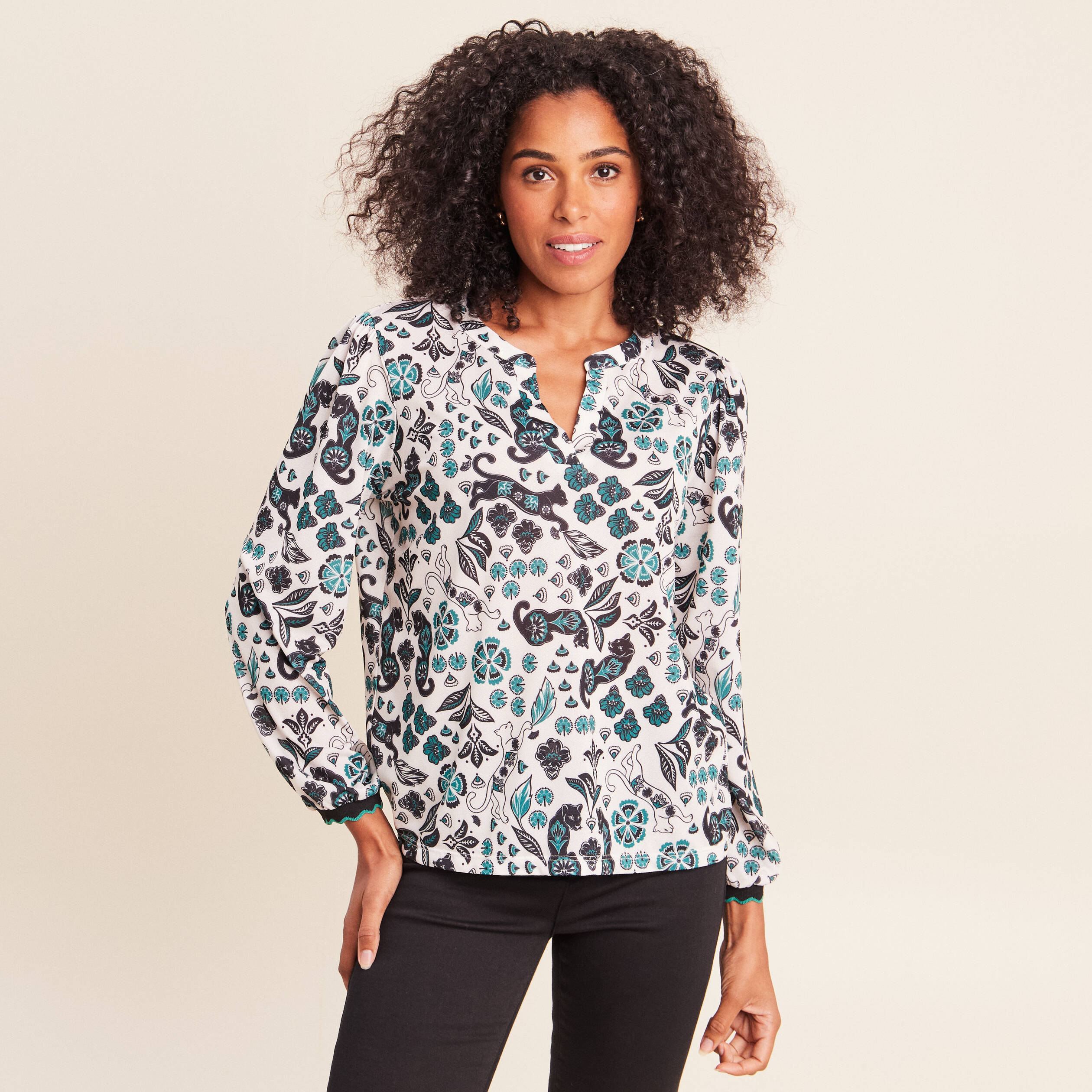 Blouse col tunisien manches longues blanc femme