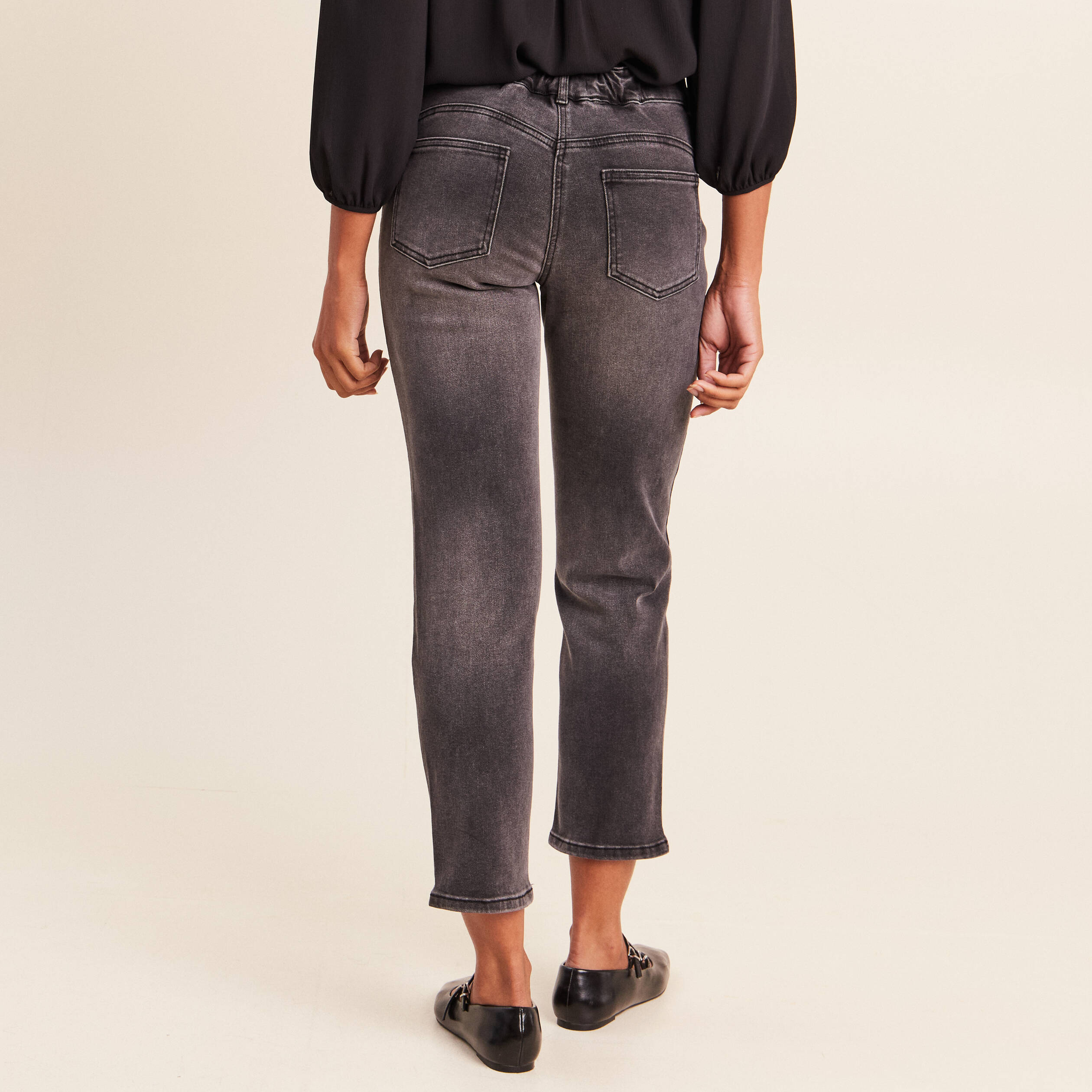 Jean droit 7/8&egrave;me taille bascul&eacute;e denim gris femme