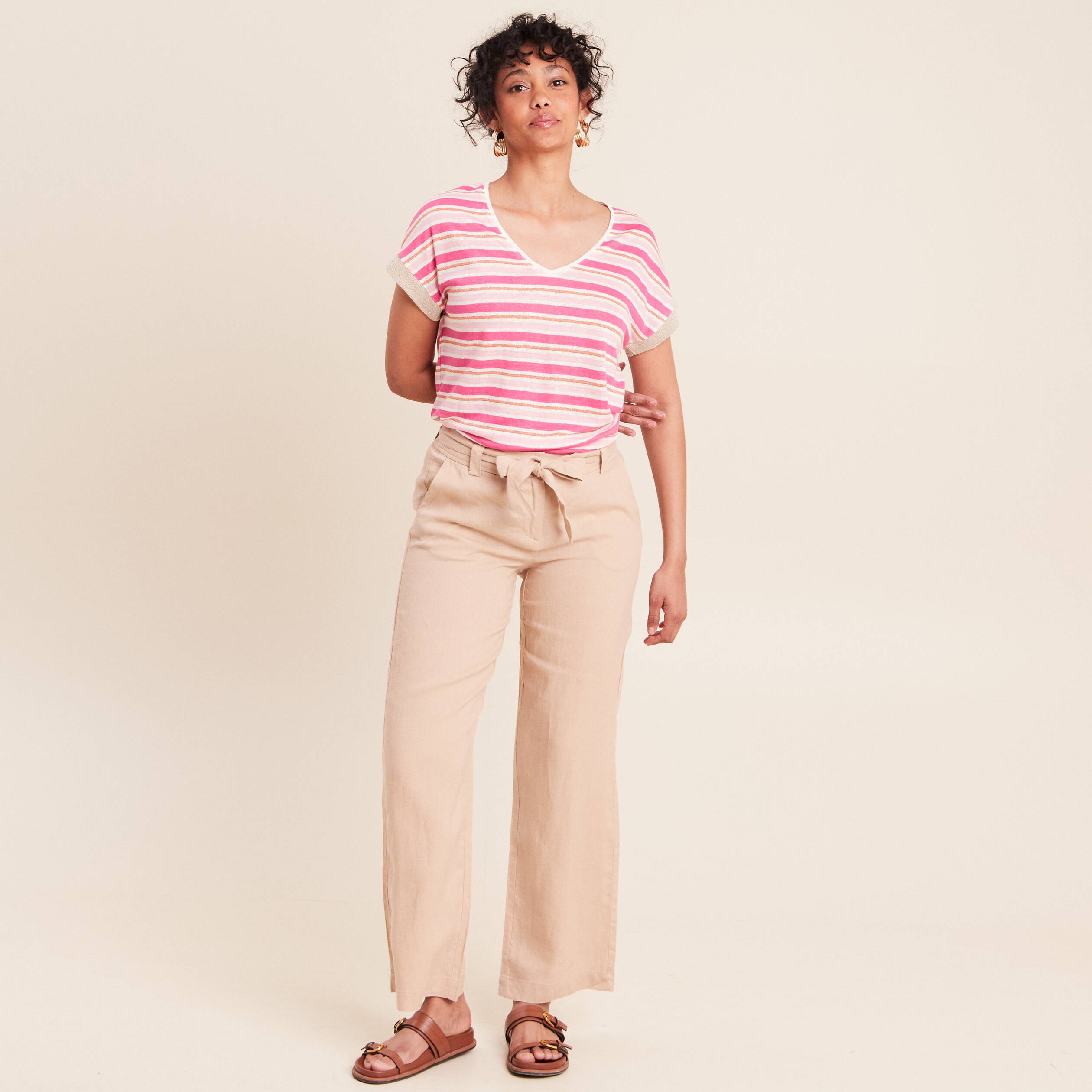Pantalon coupe large en lin sable femme