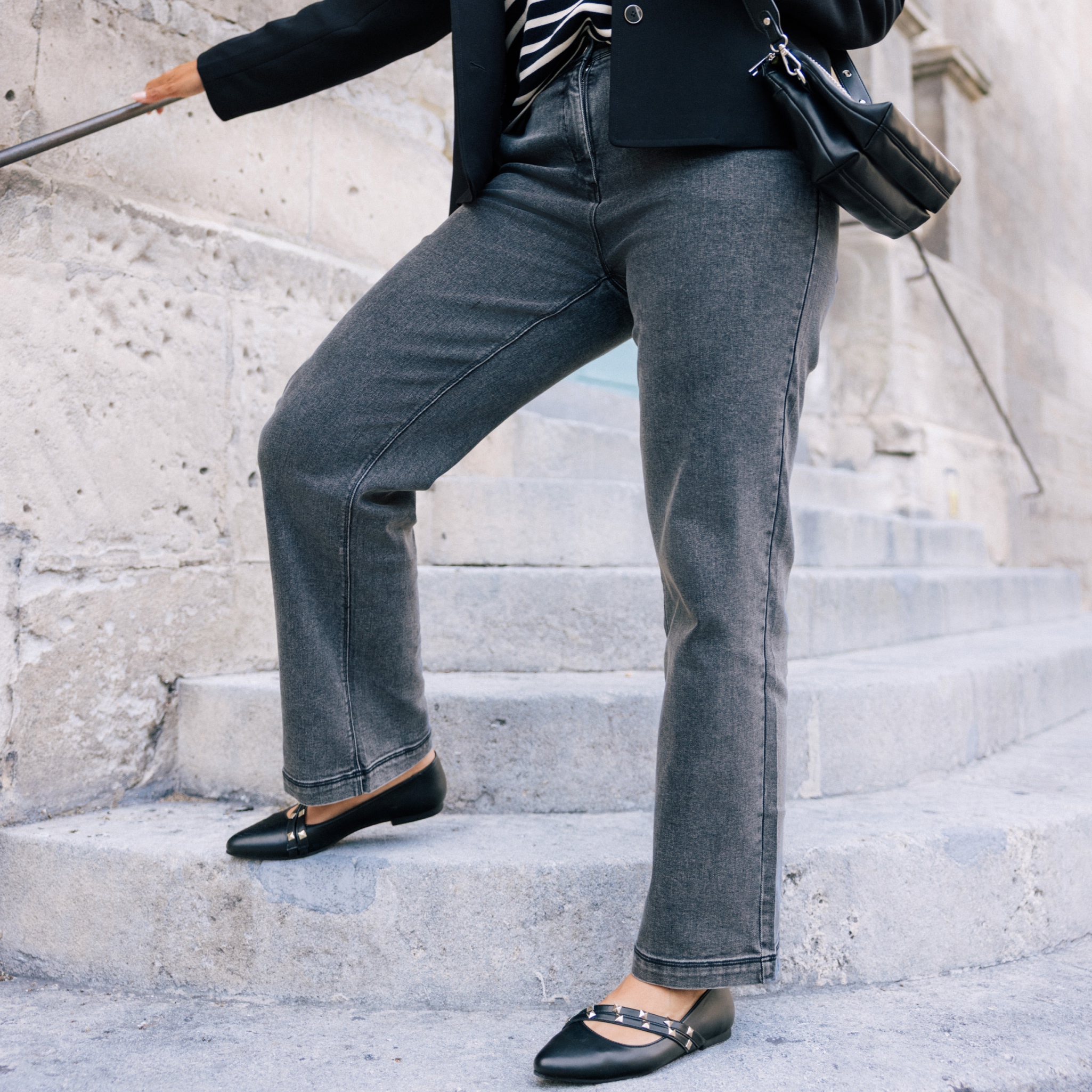 jean droit taille haute long denim gris femme Jean droit taille haute long denim gris femme