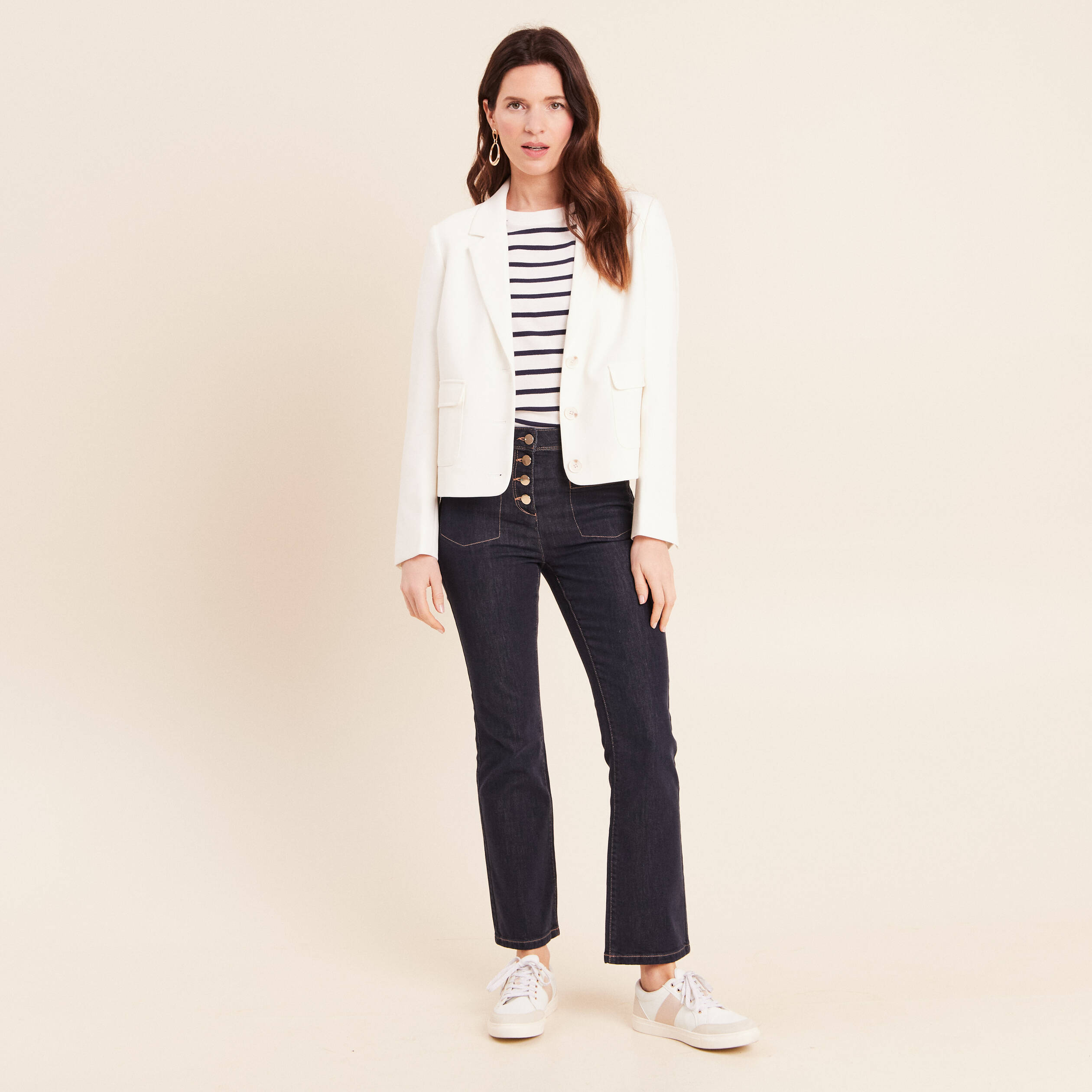 Veste droite courte &agrave; manches longues ecru femme