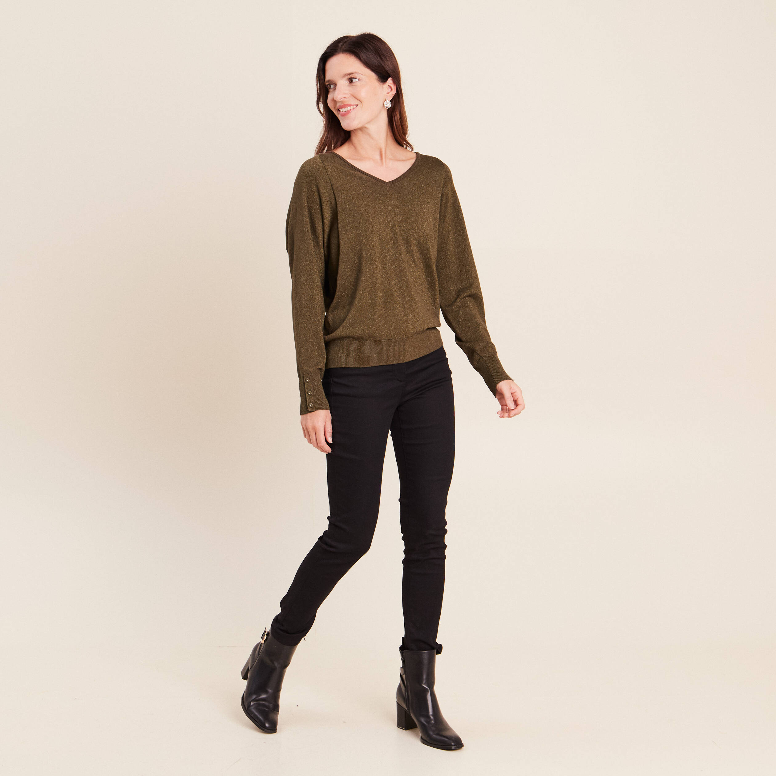 Pull manches longues vert kaki femme