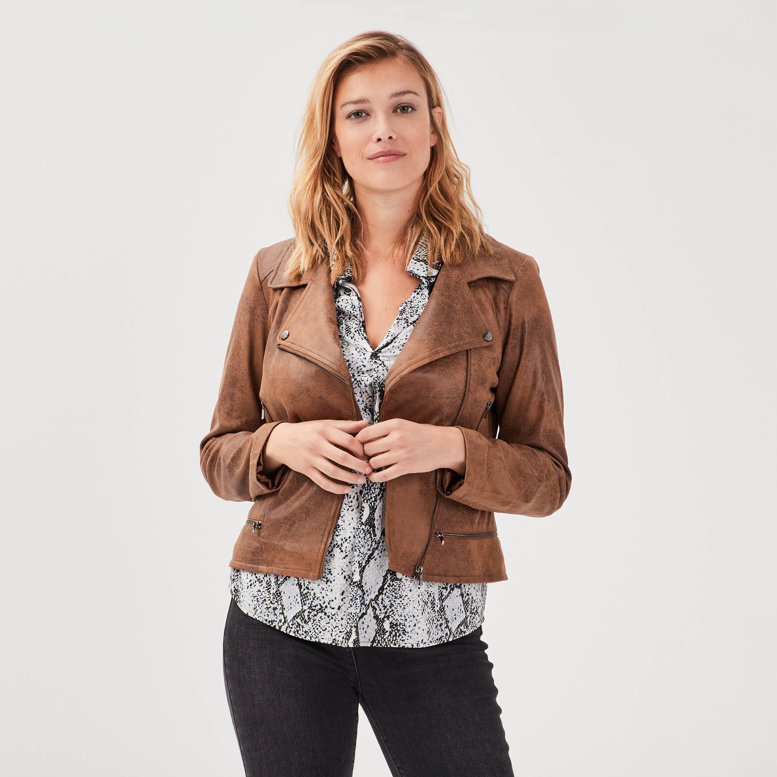 Veste esprit motard zipp&eacute;e marron fonc&eacute; femme