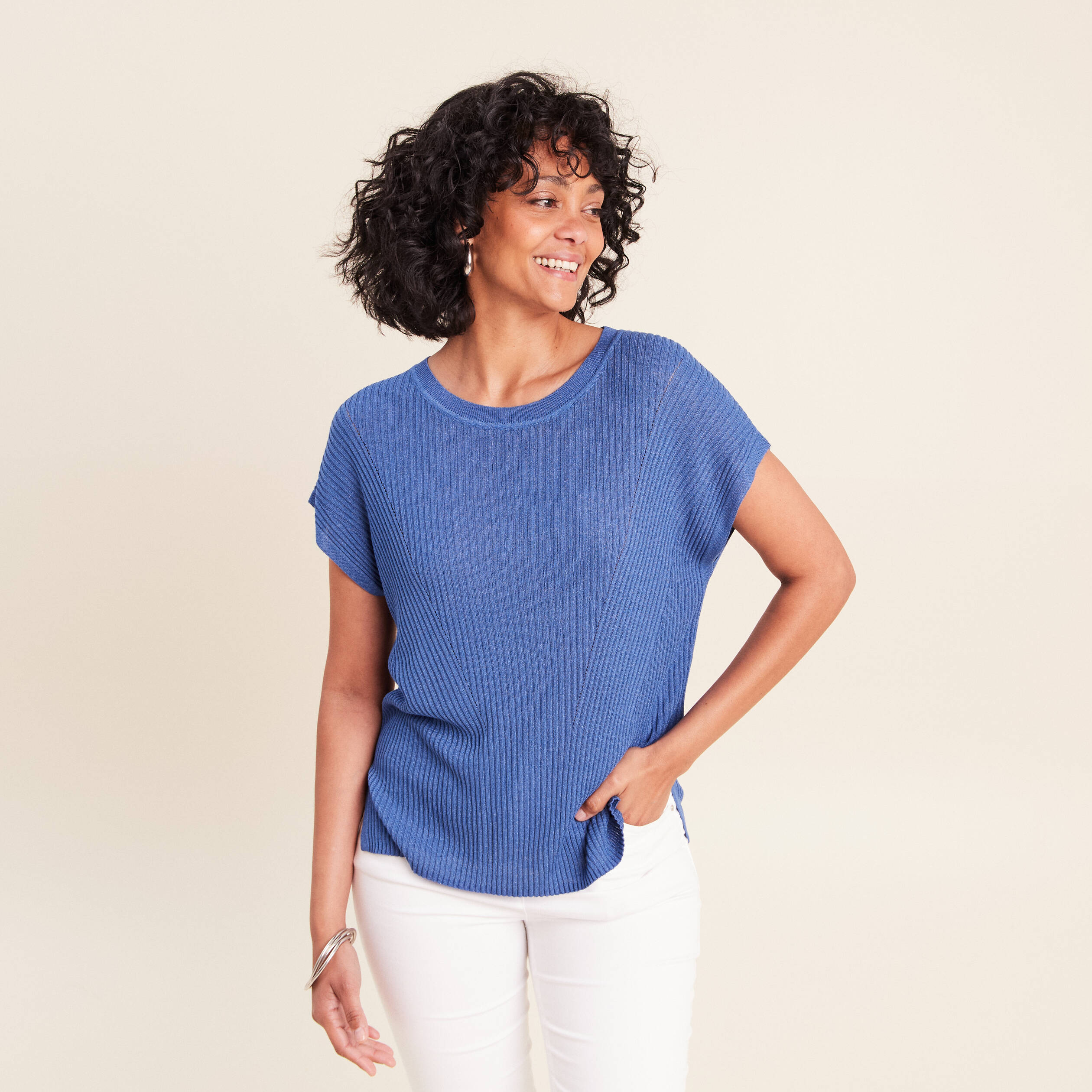 Pull col rond manches courtes bleu roi femme