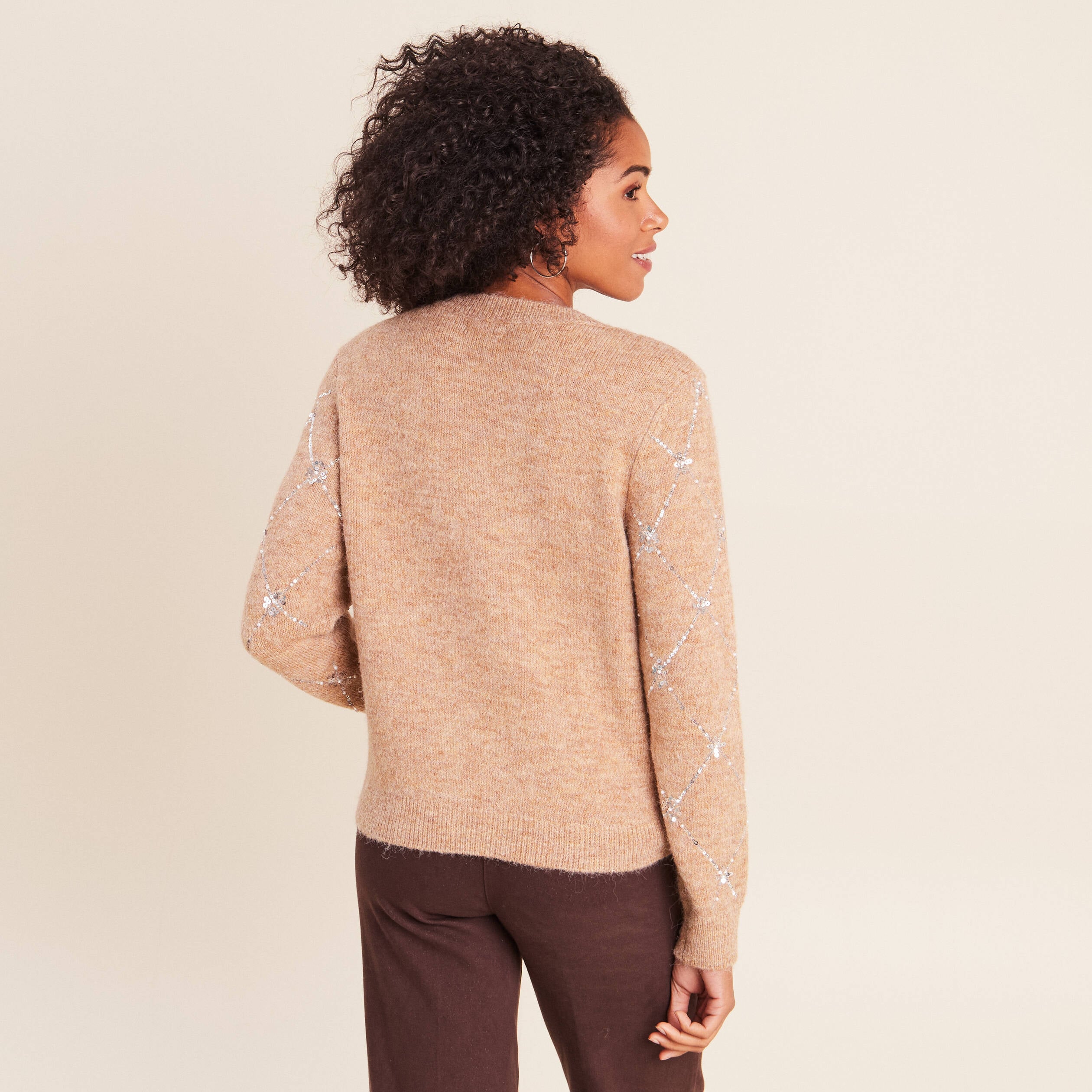 Pull col rond &agrave; sequins marron clair femme