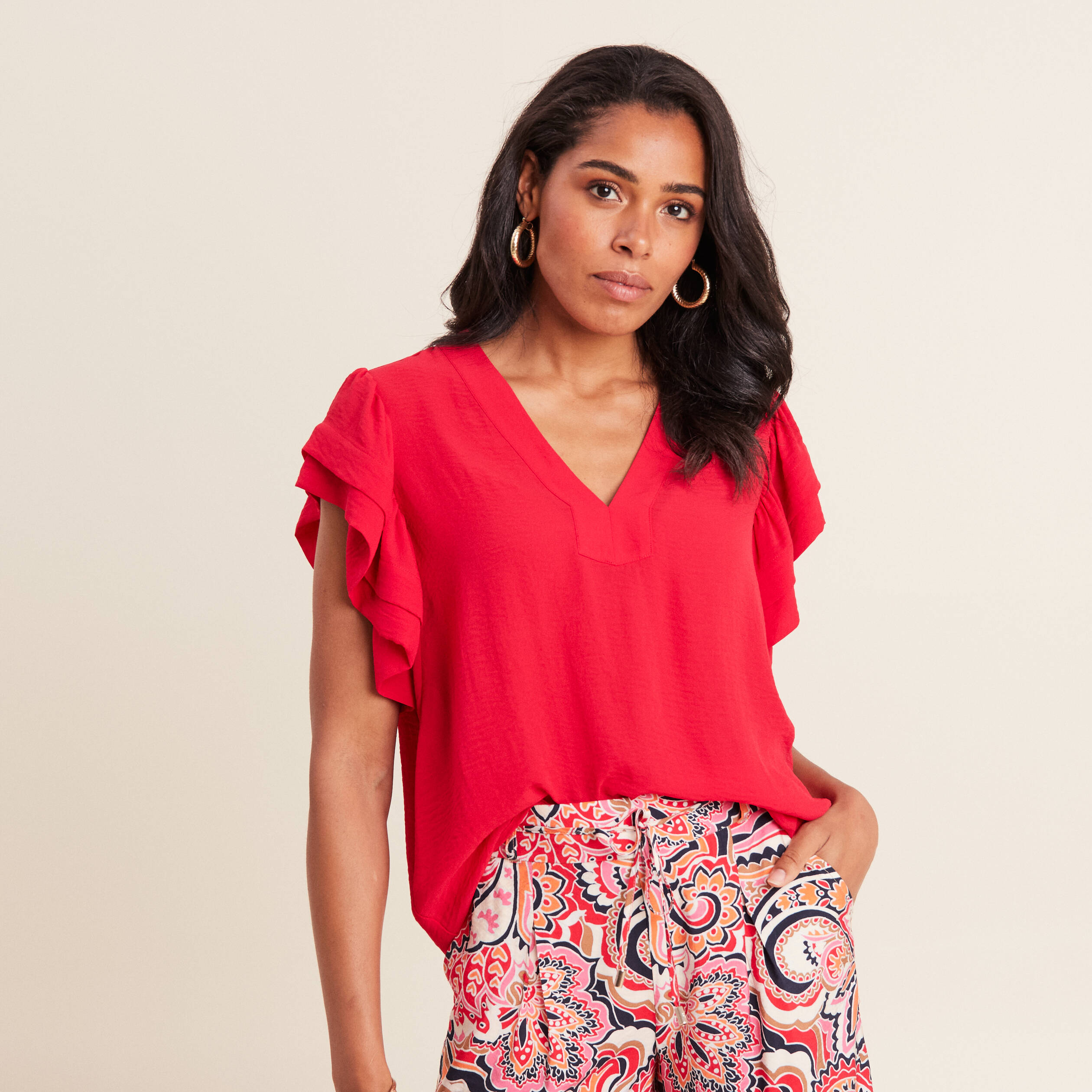 blouse manches courtes volants rouge femme Blouse manches courtes volants rouge femme