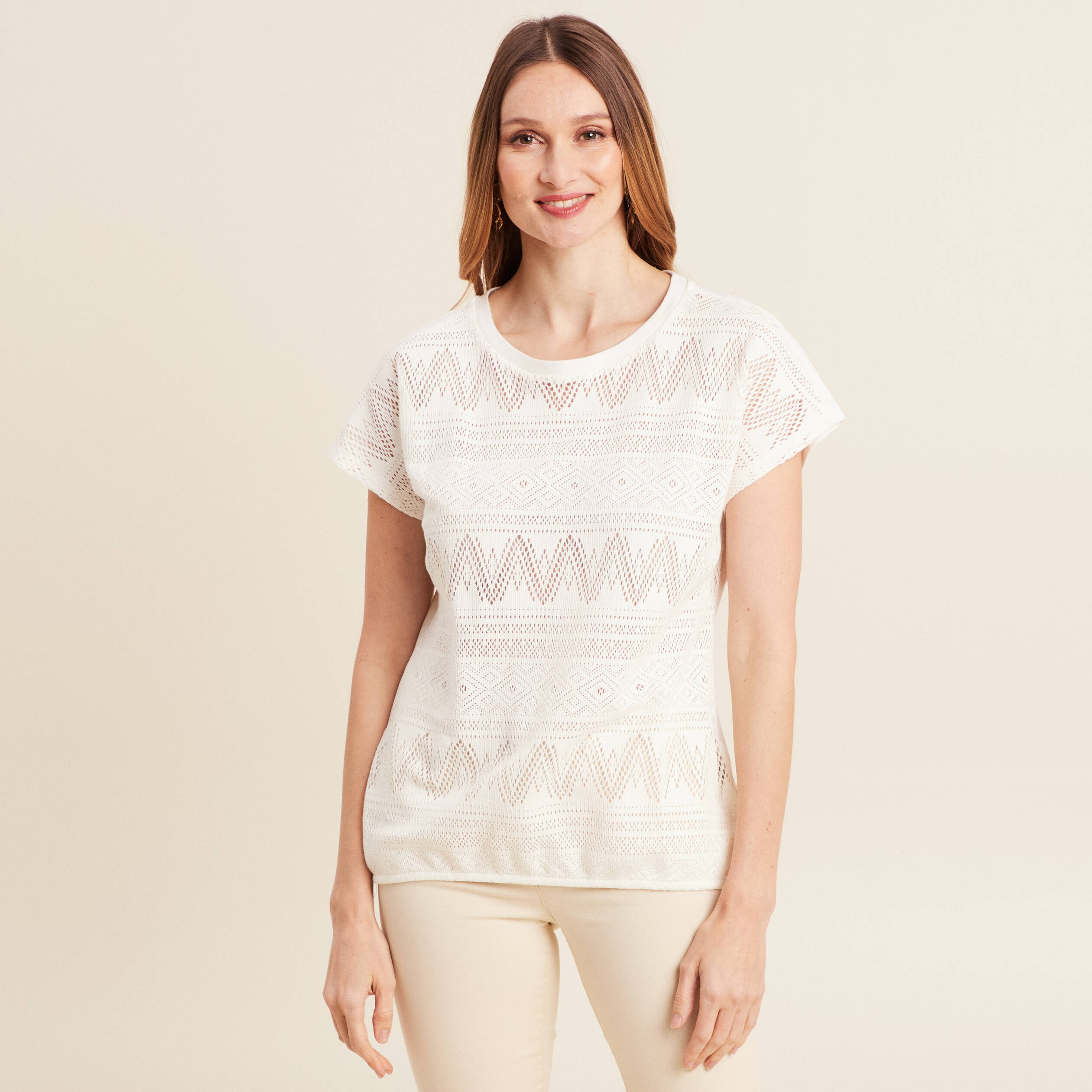 t shirt manches courtes ajoure ecru femme T-shirt manches courtes ajouré ecru femme