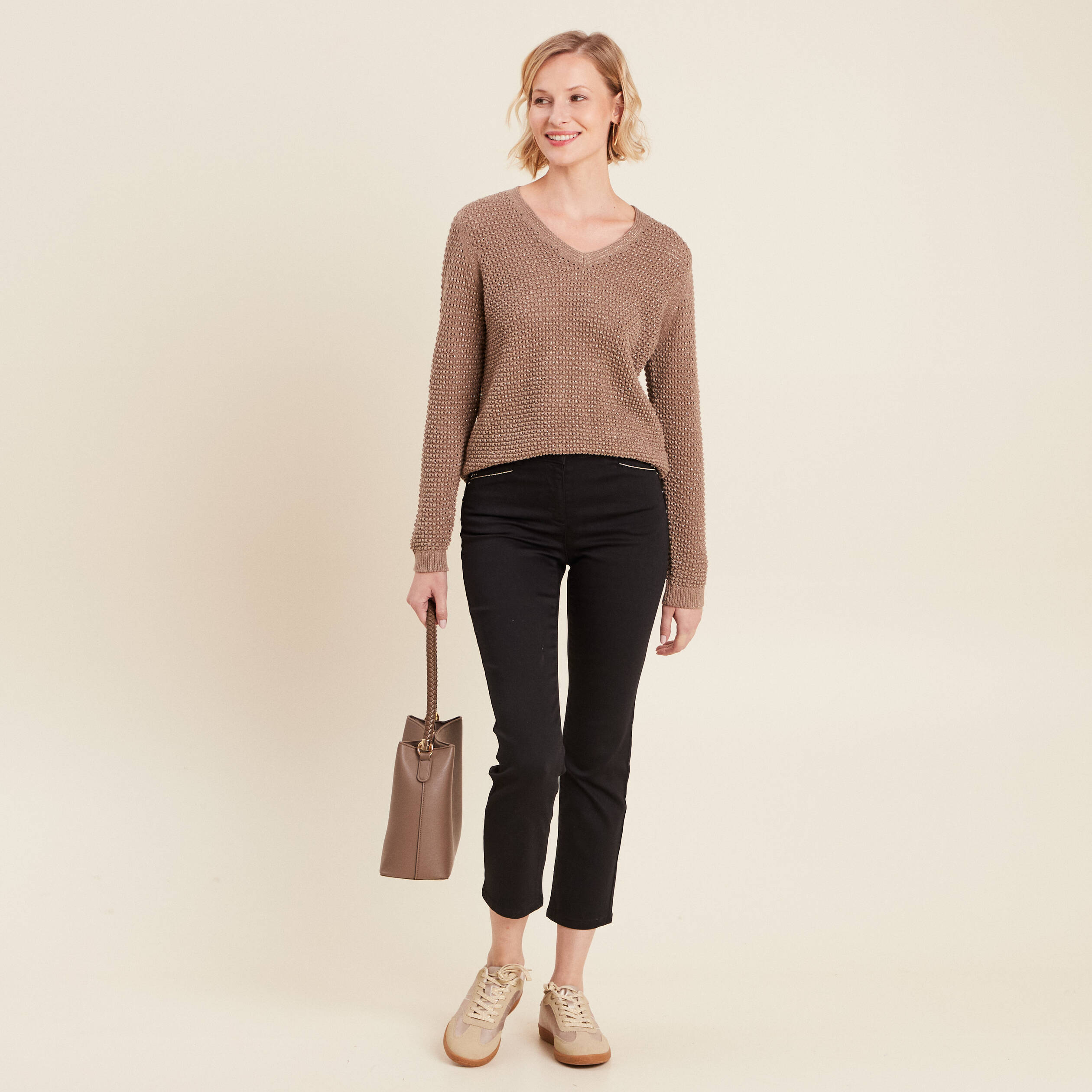pull manches longues col en v taupe femme Pull manches longues col en V taupe femme