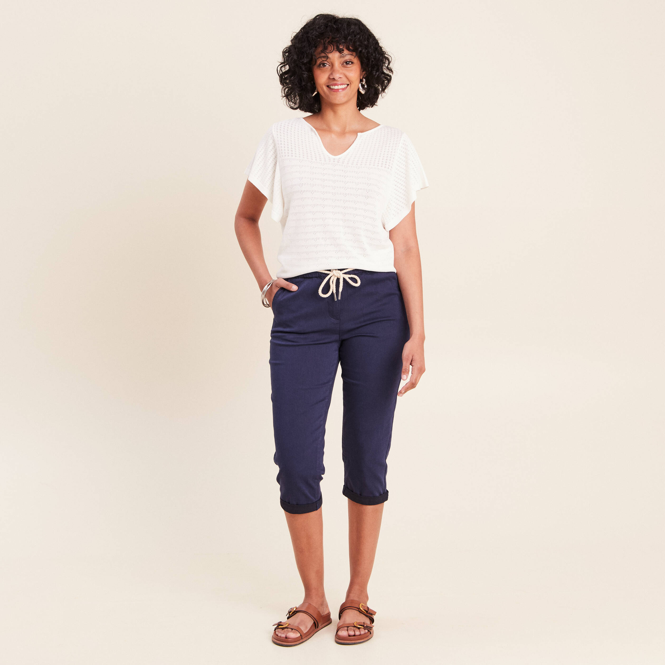 Pantacourt coupe mom large bleu marine femme