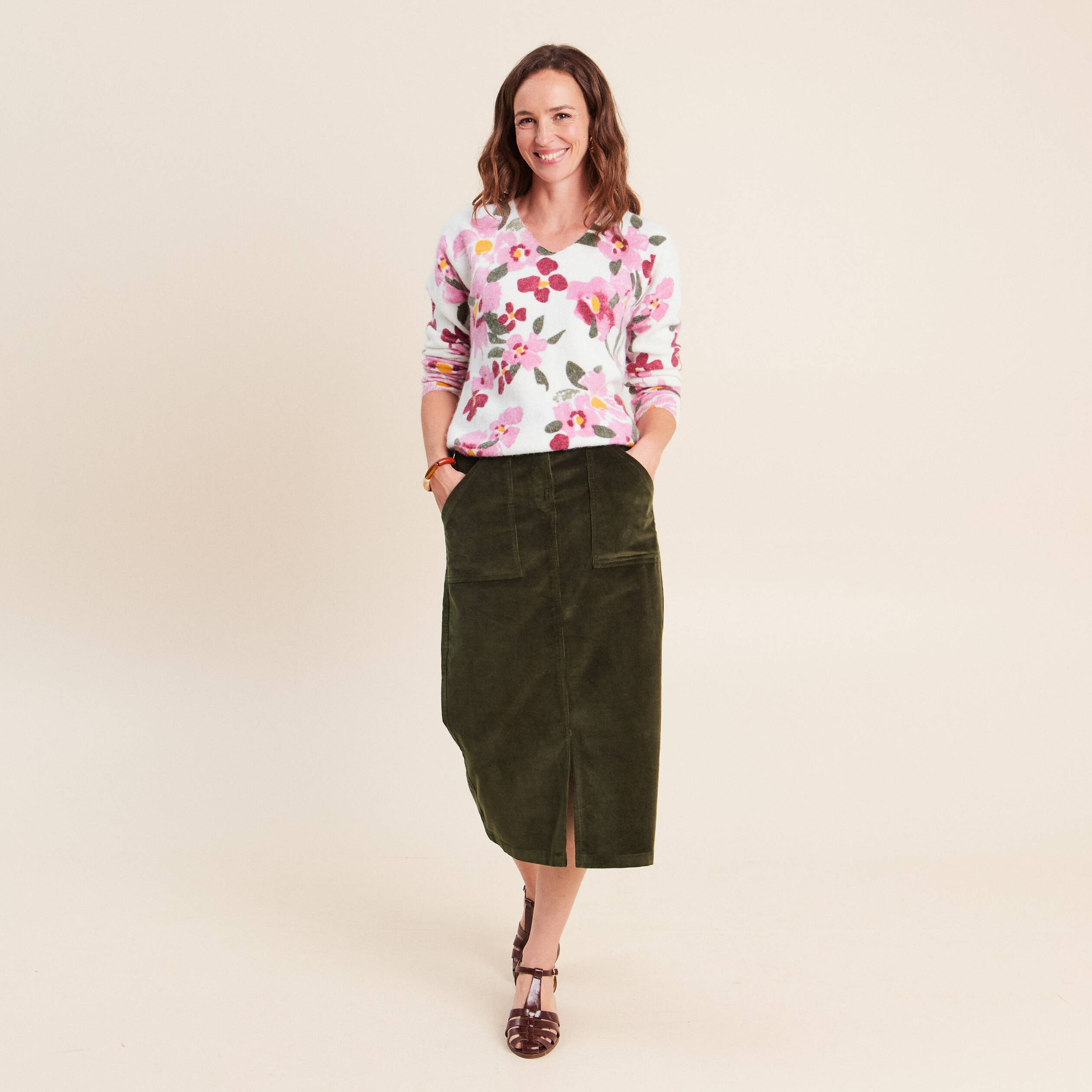 Jupe en velours vert kaki femme