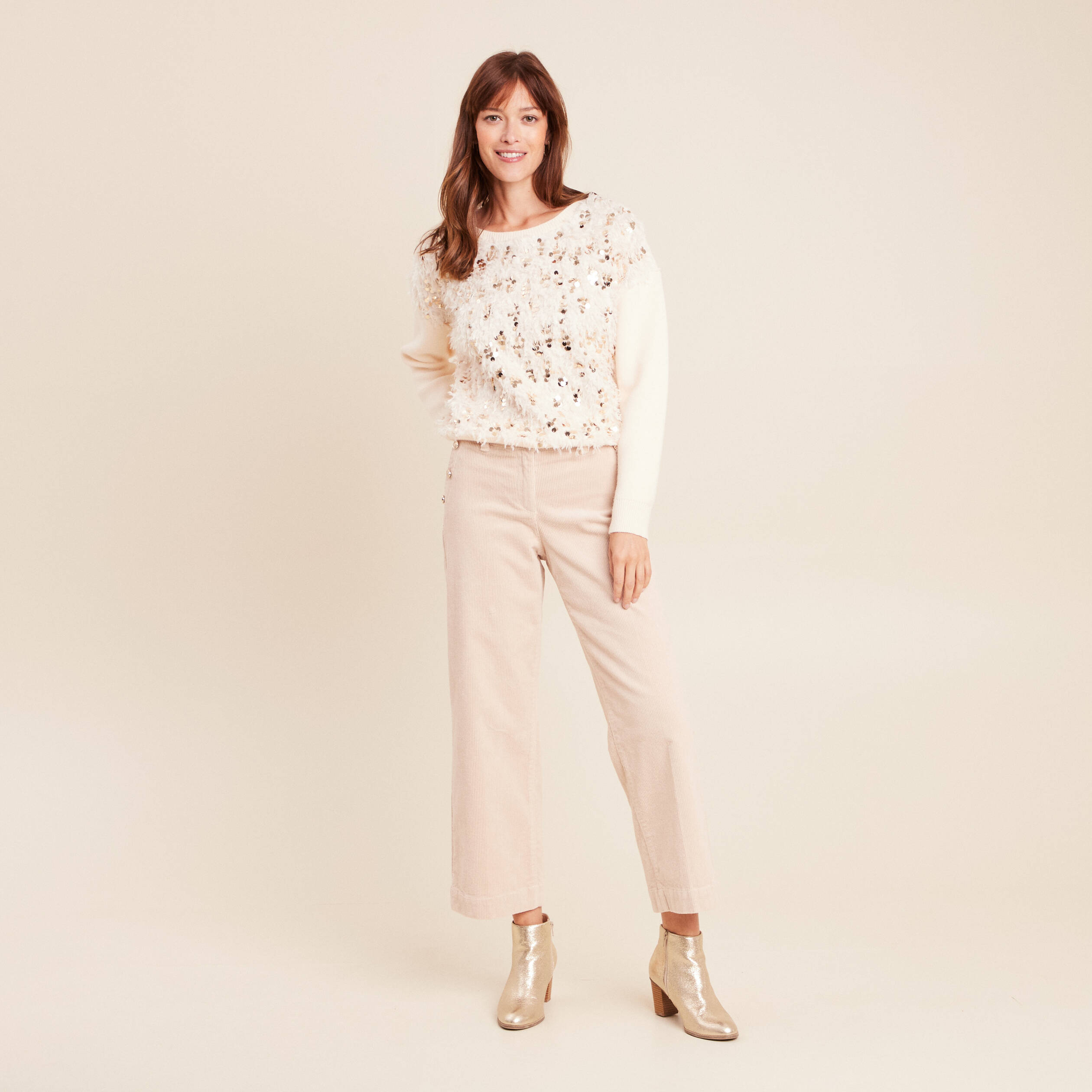 Pull col rond manches longues doubl&eacute; ecru femme