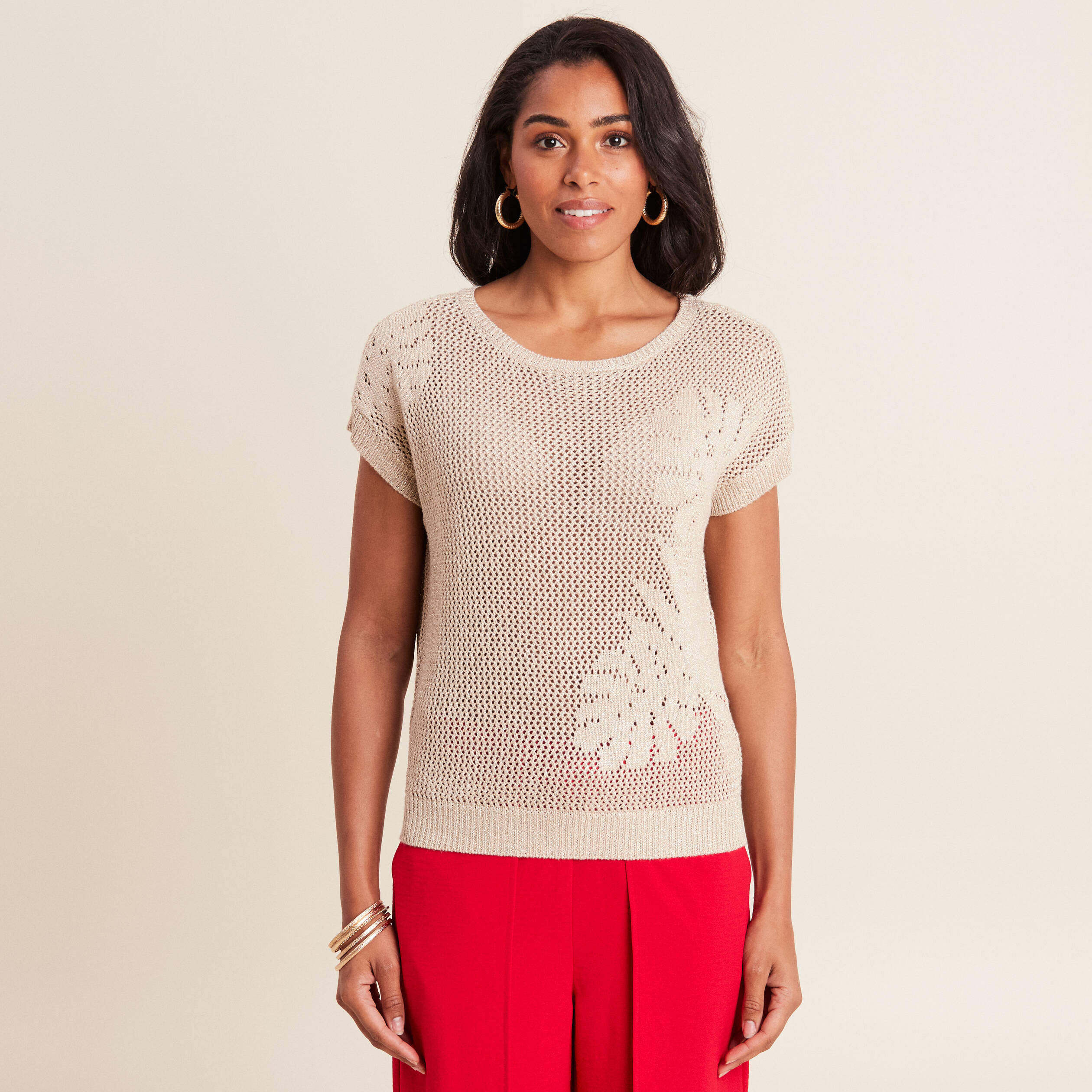 pull manches courtes ajoure couleur or femme Pull manches courtes ajouré couleur or femme