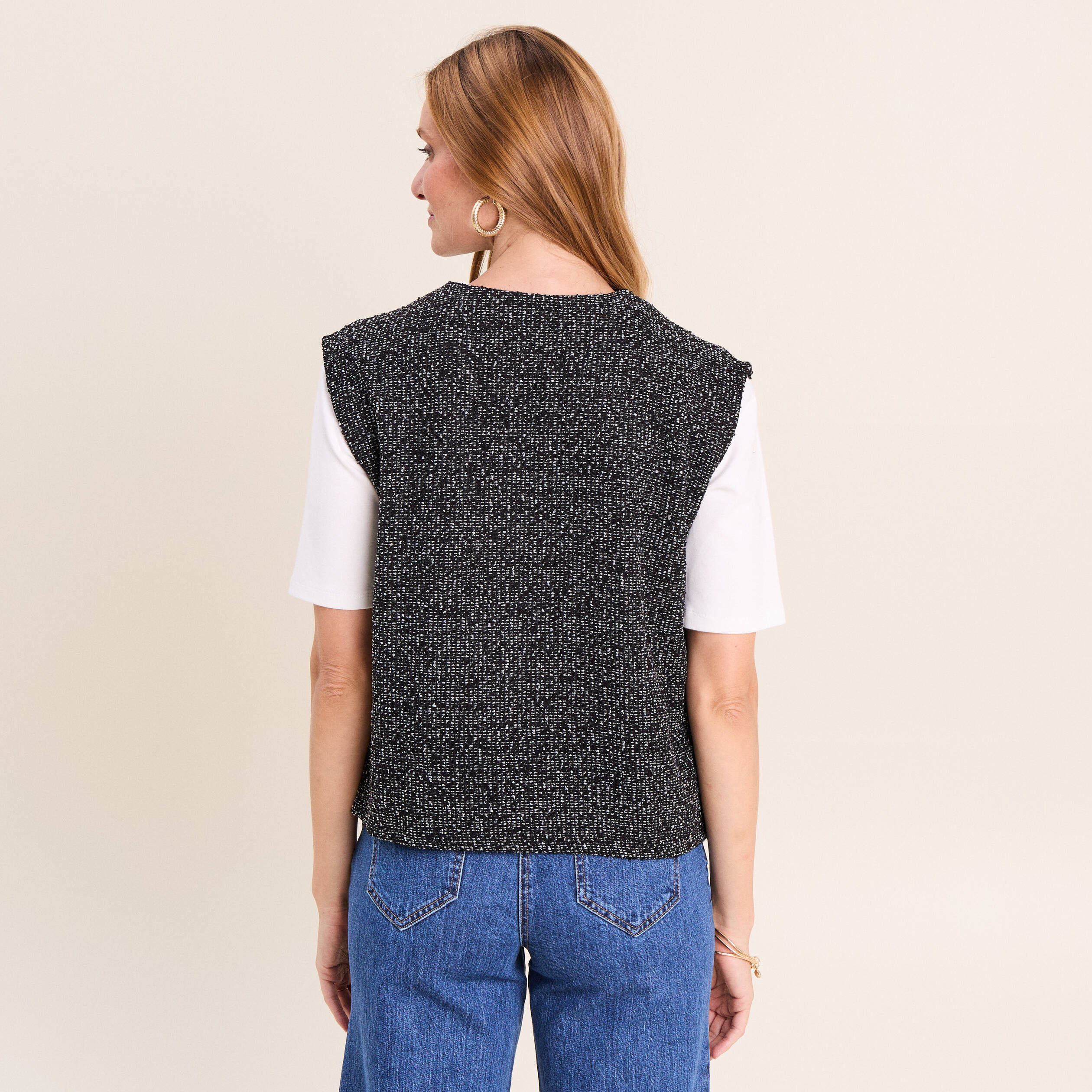 Gilet tweed droit court sans manches noir femme