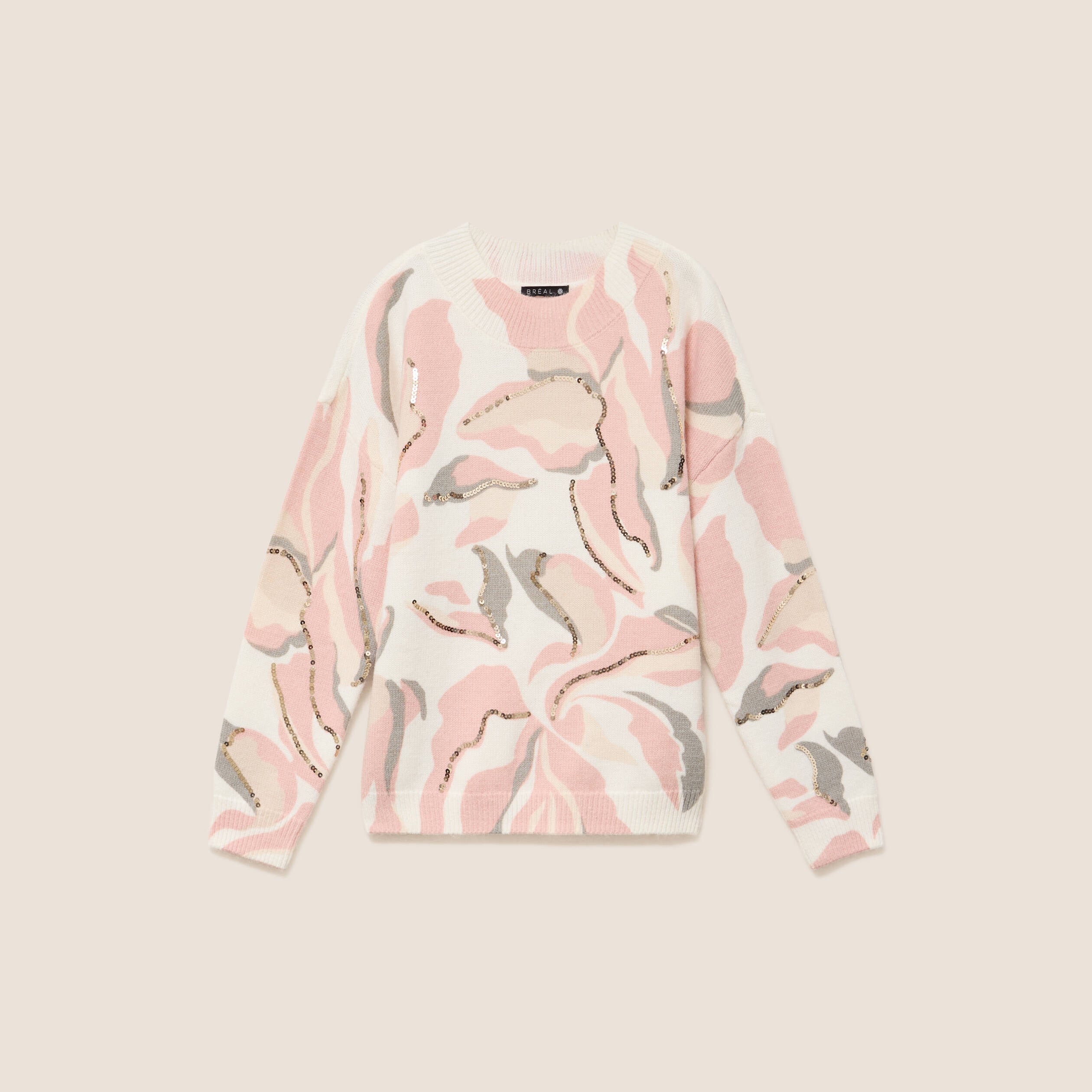 Pull col rond &agrave; sequins rose femme