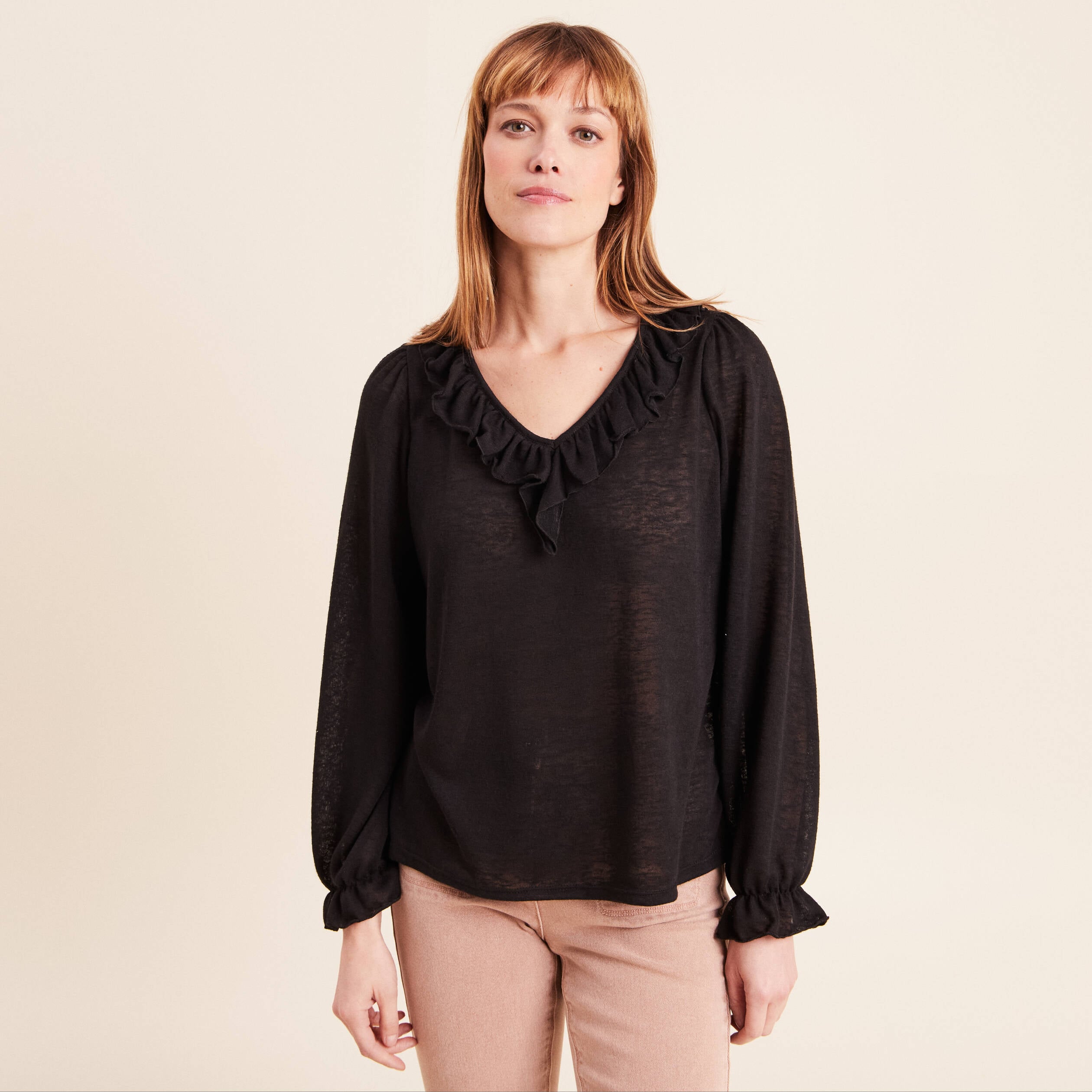Blouse col v manches longues noir femme