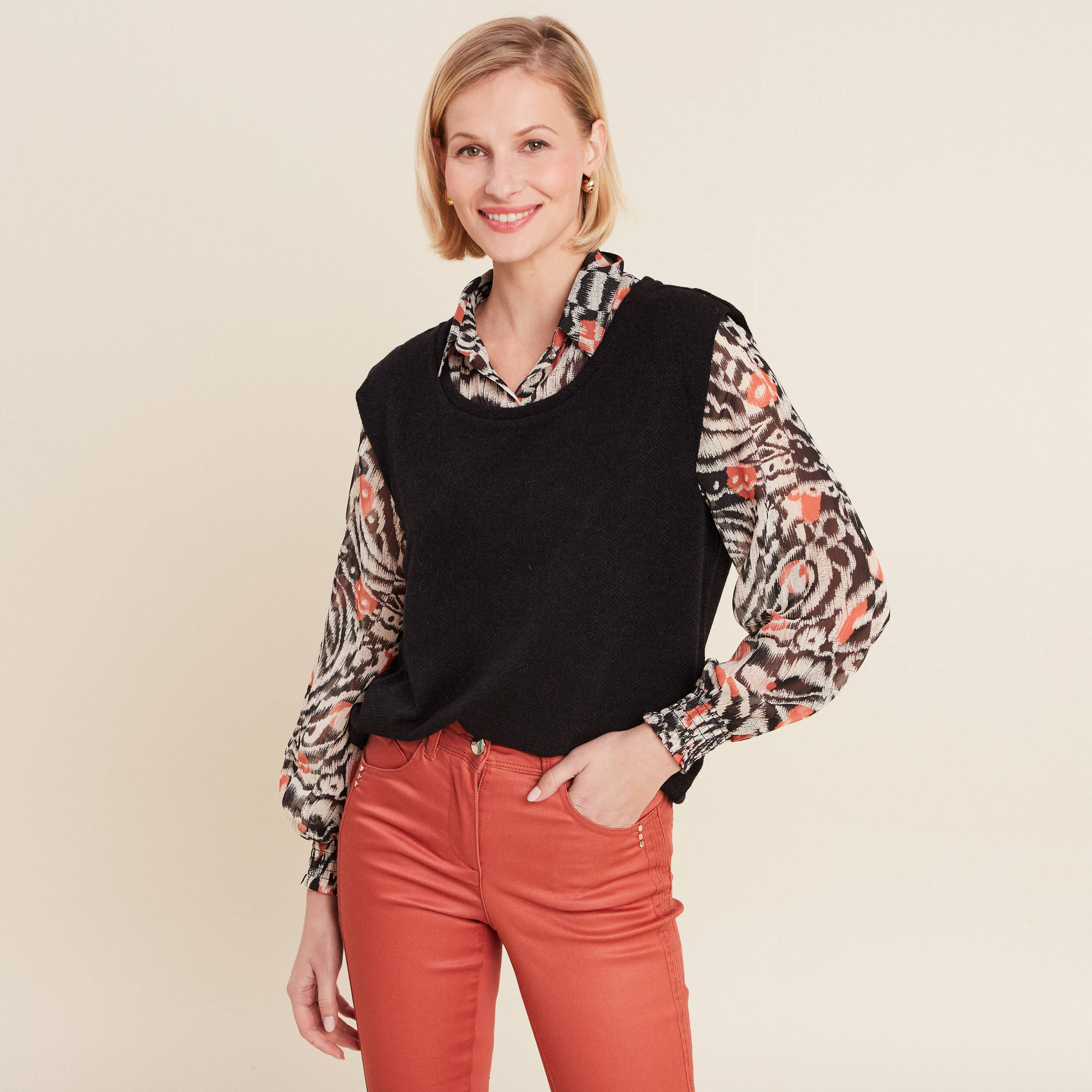 T-shirt manches longues 2-en-1 orange femme