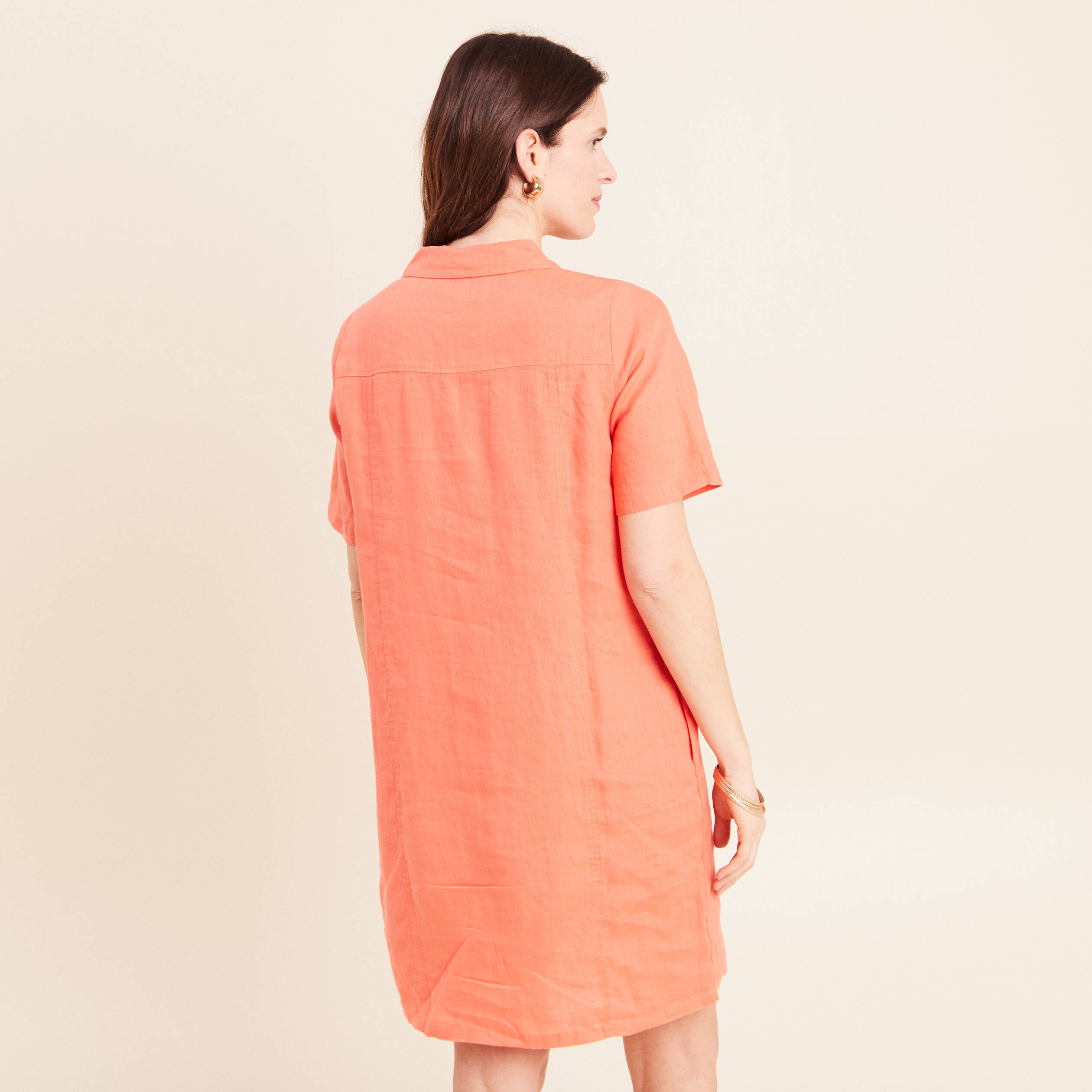 Robe droite courte col chemise orange fluo femme