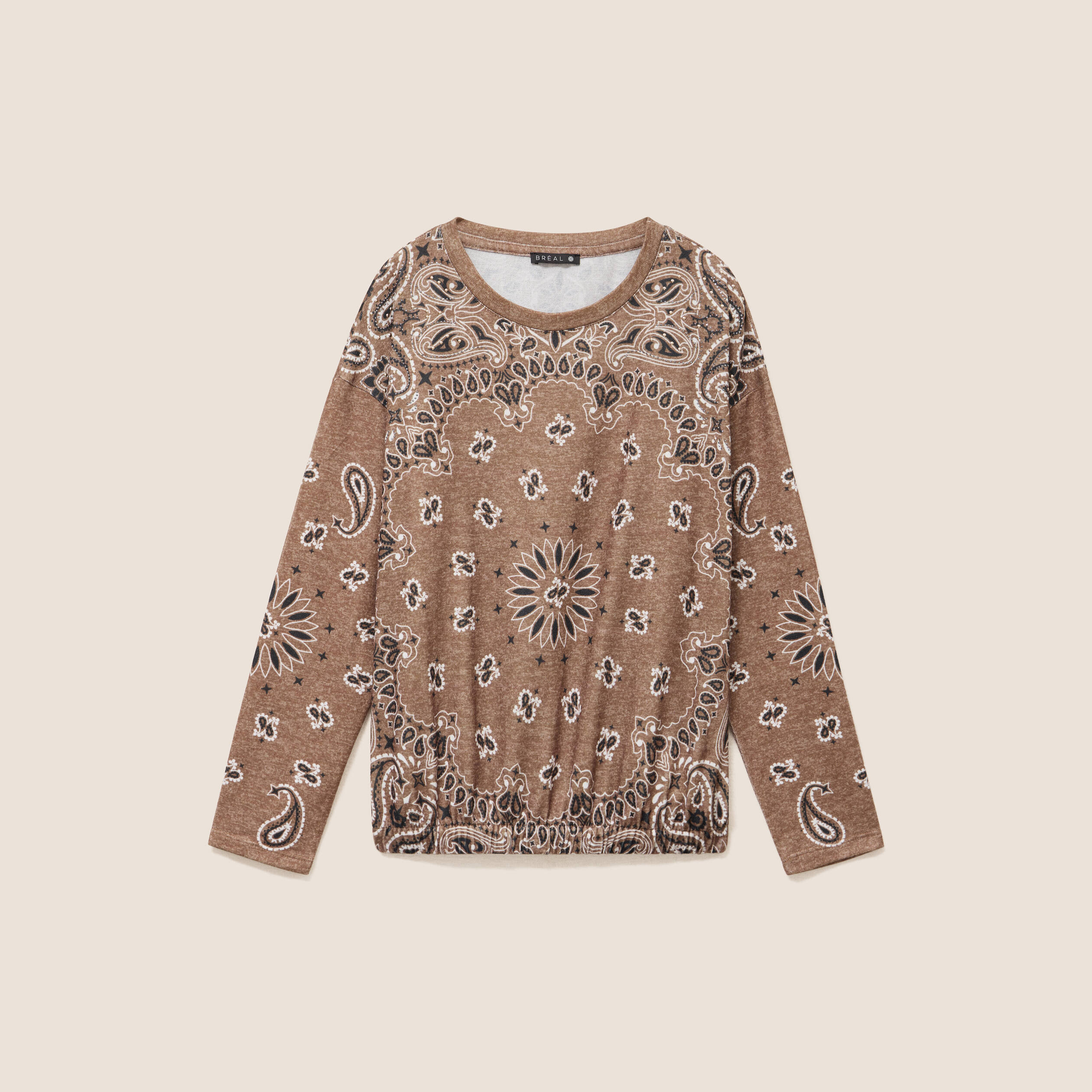 Pull col rond manches longues strass marron femme