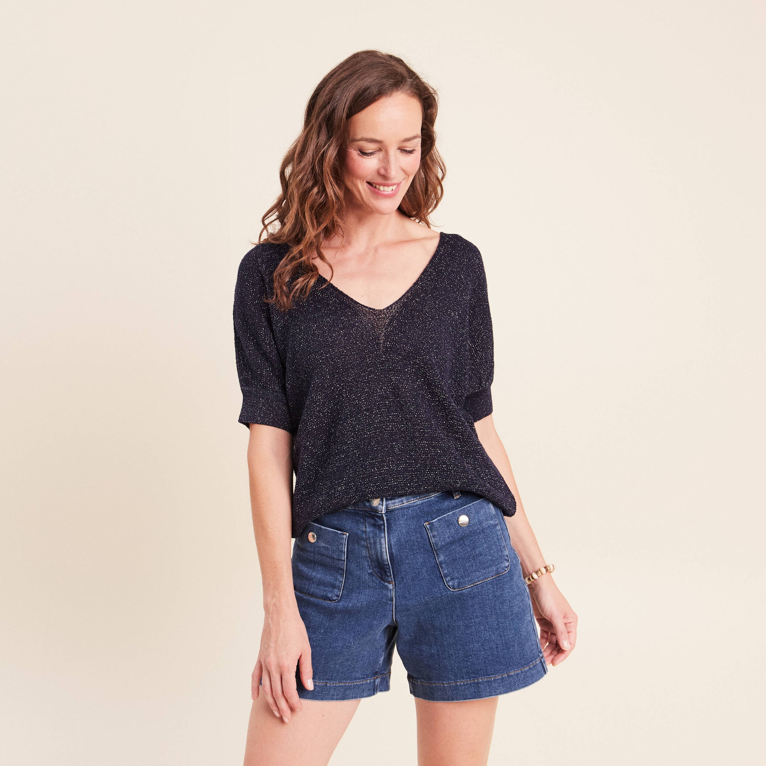 Pull col v bleu marine femme