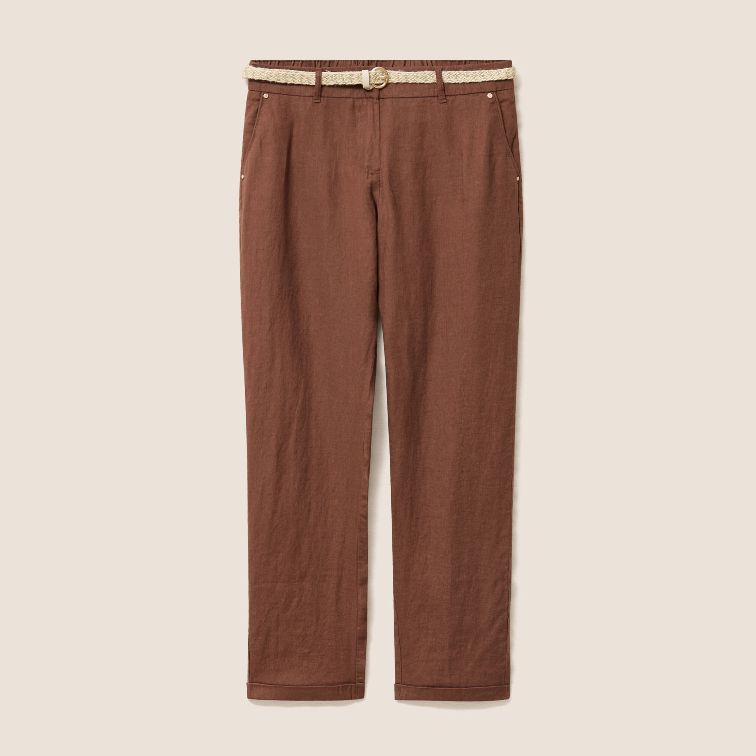 Pantalon coupe chino en lin ceintur&eacute; marron fonc&eacute; femme