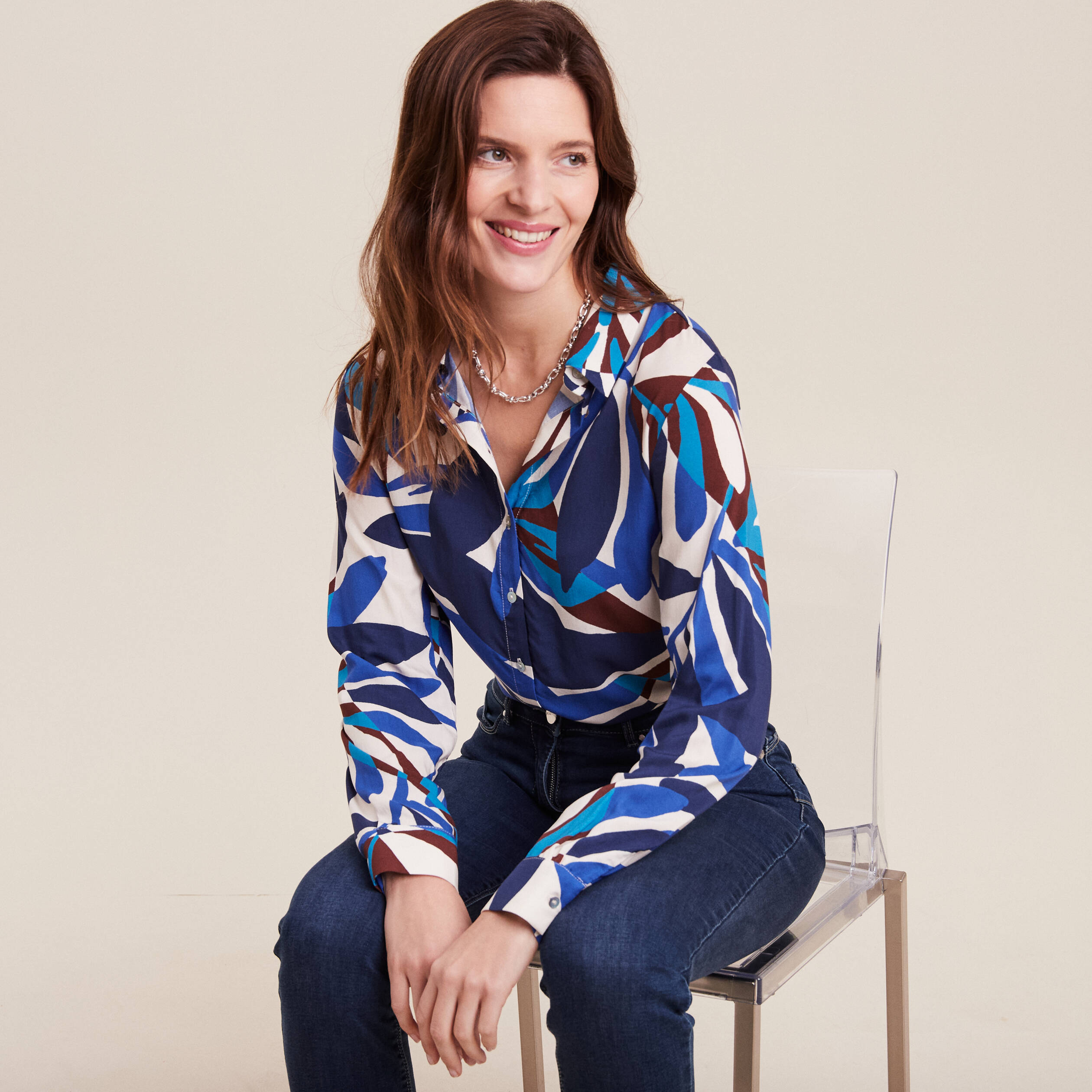Chemise manches longues bleu femme