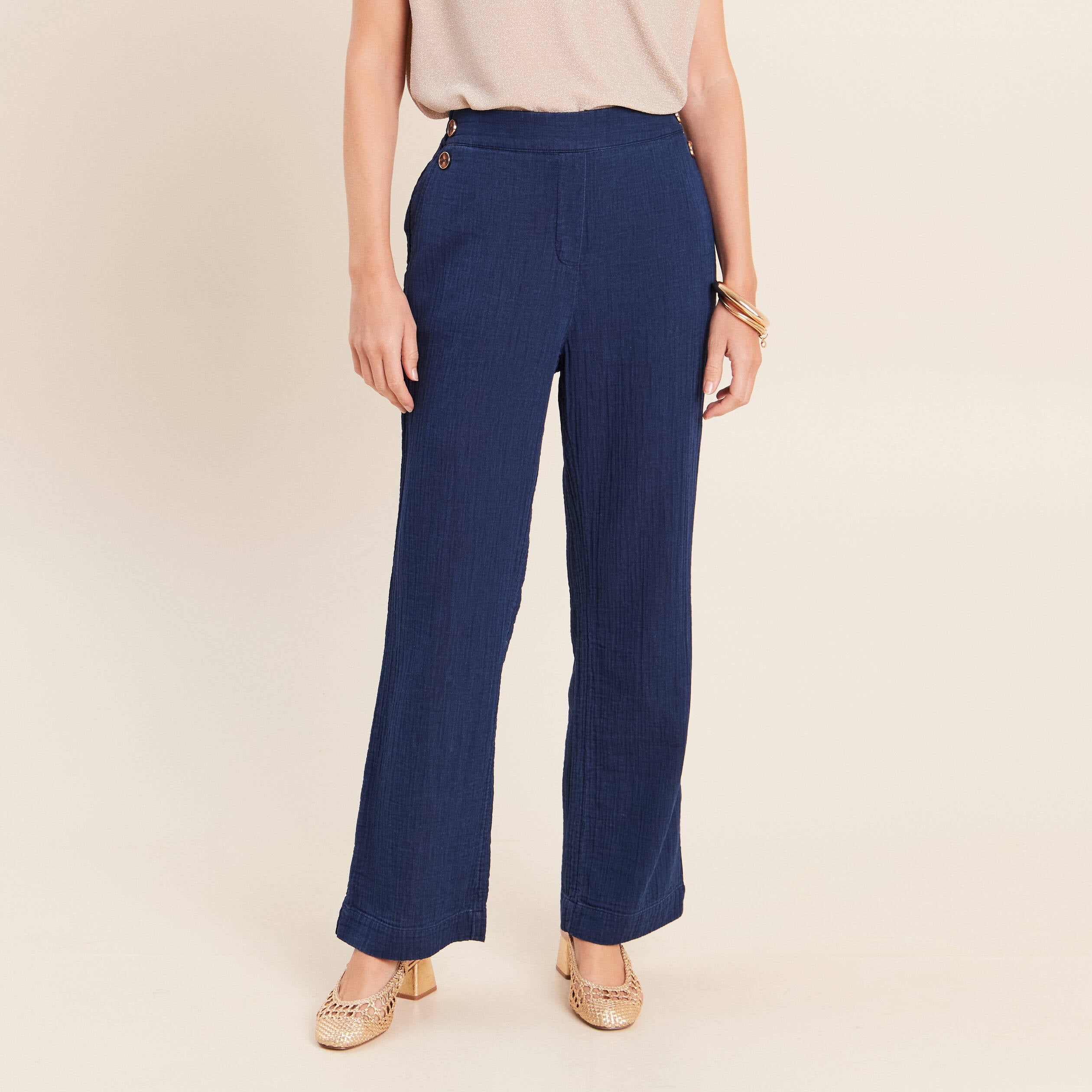 Pantalon large 7/8&egrave;me taille haute bleu roi femme