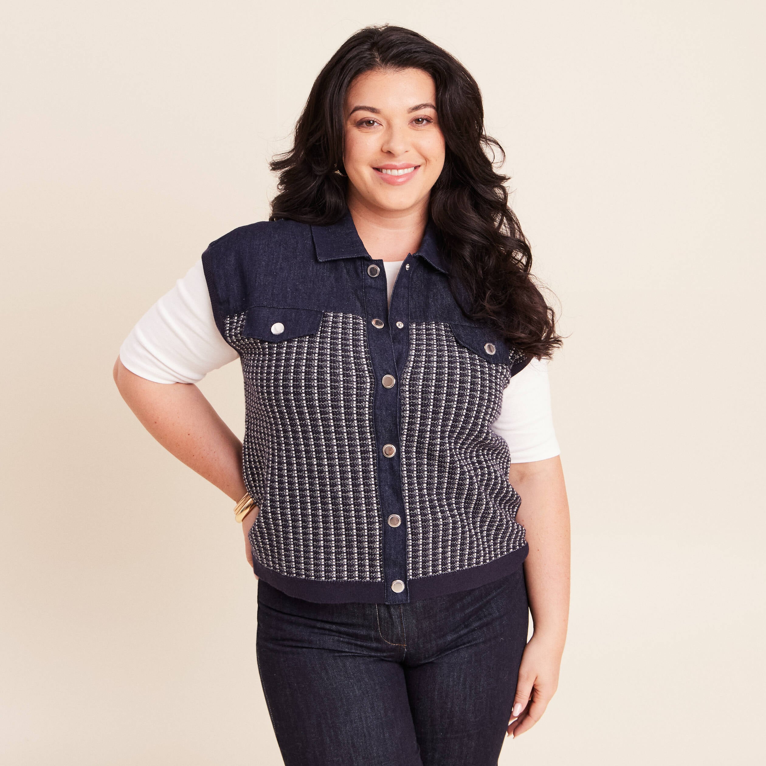 Veste sans manches col chemise bleu marine femme