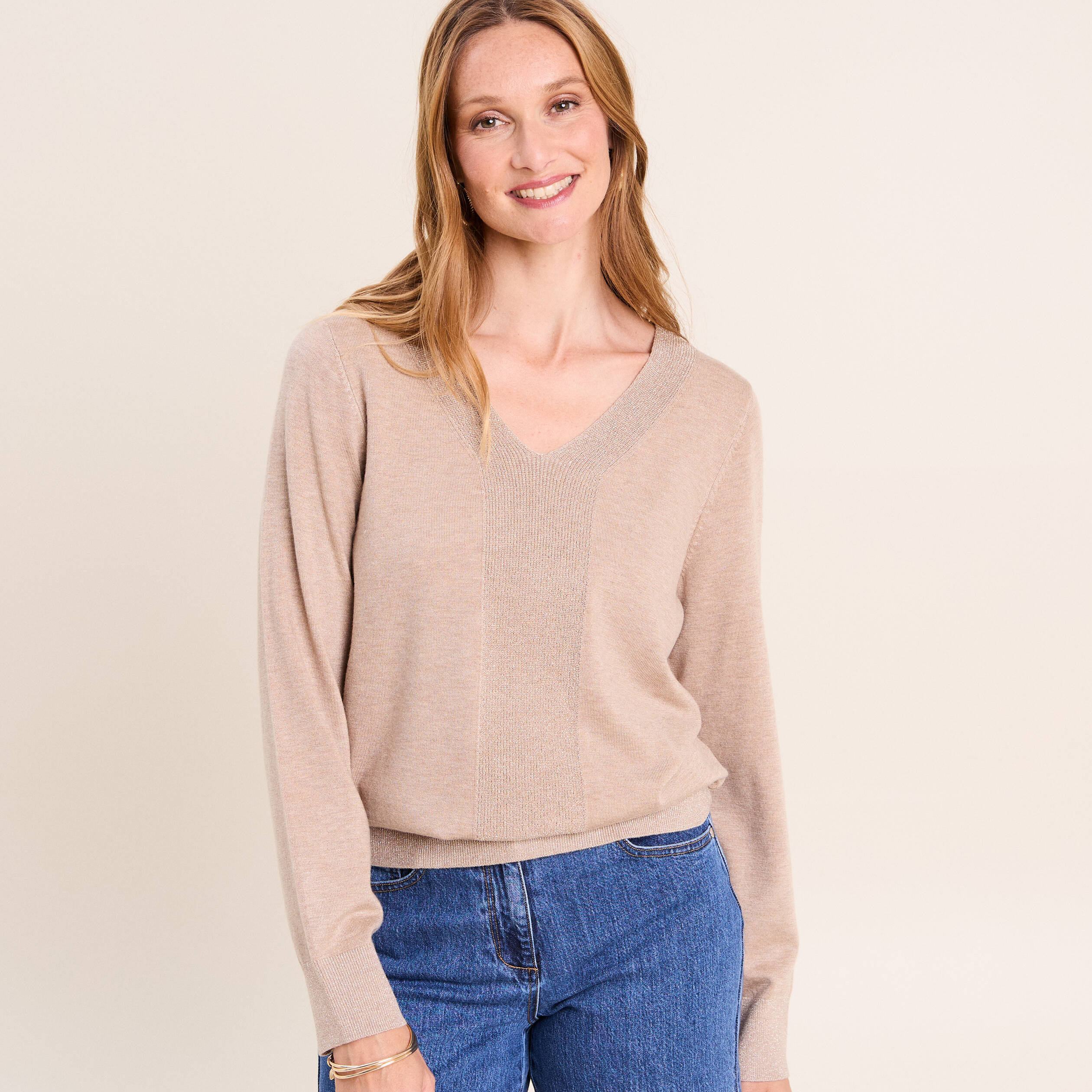 Pull manches longues beige femme
