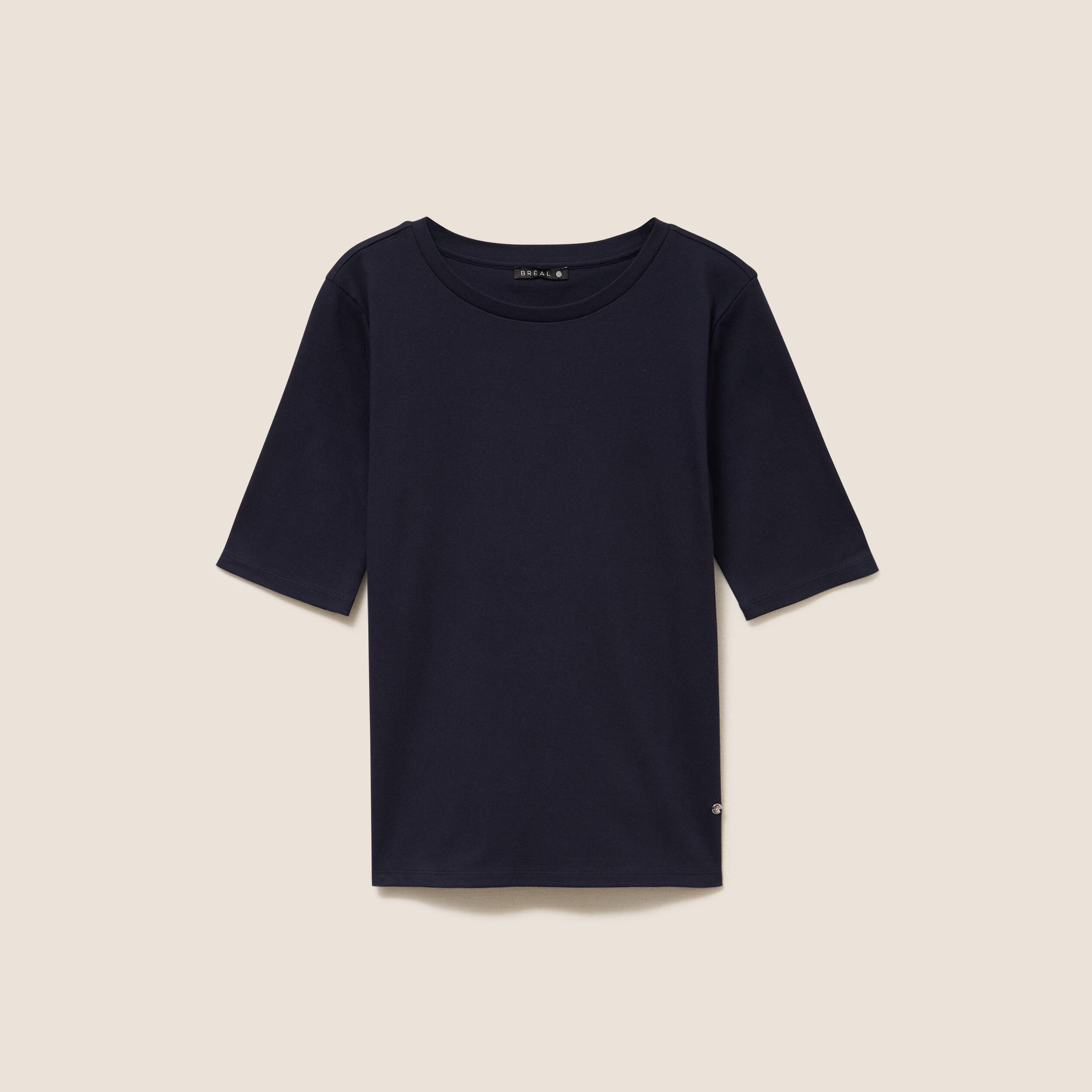 T-shirt ajust&eacute; col rond manches coudes bleu fonc&eacute; femme