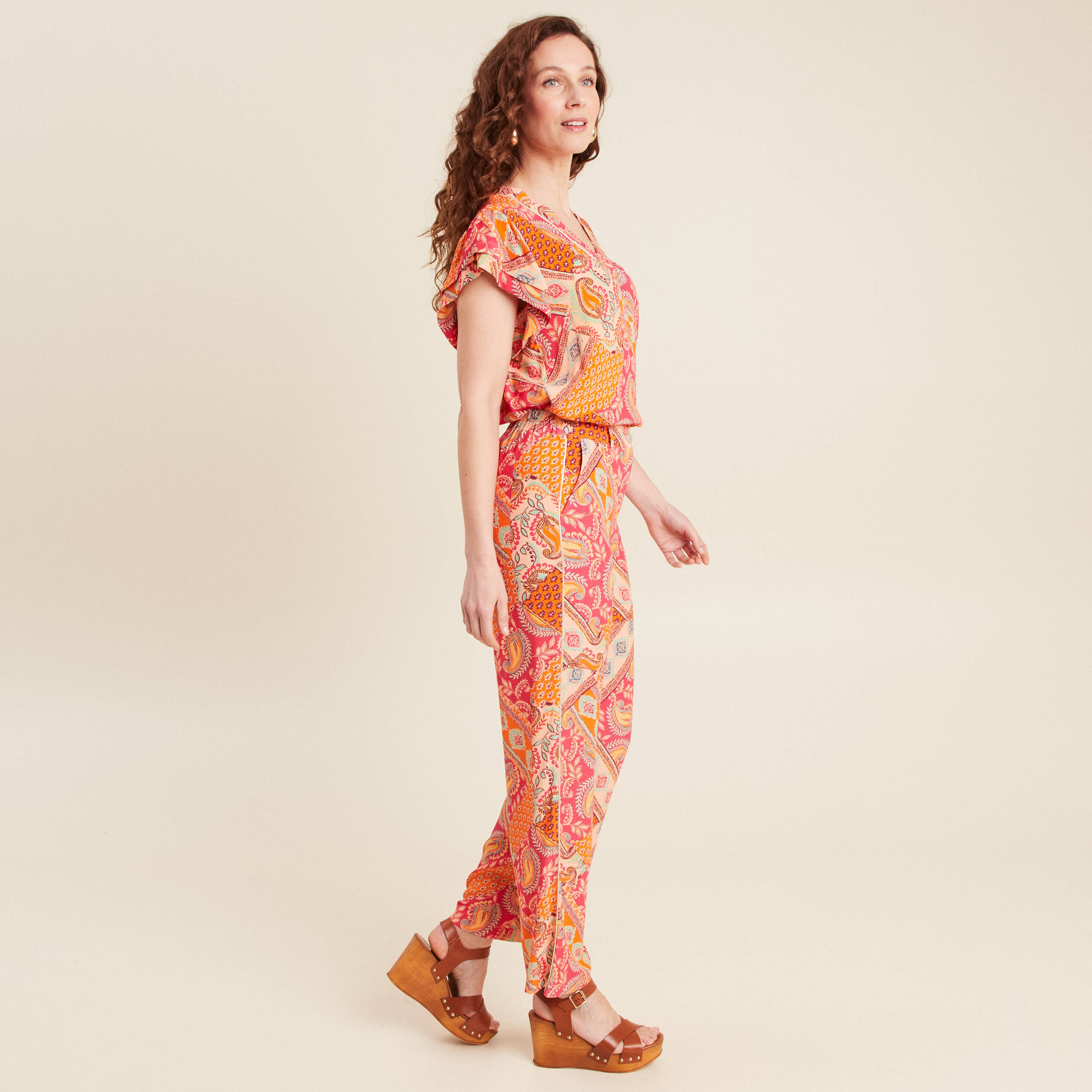 pantalon large taille haute orange femme Pantalon large taille haute orange femme