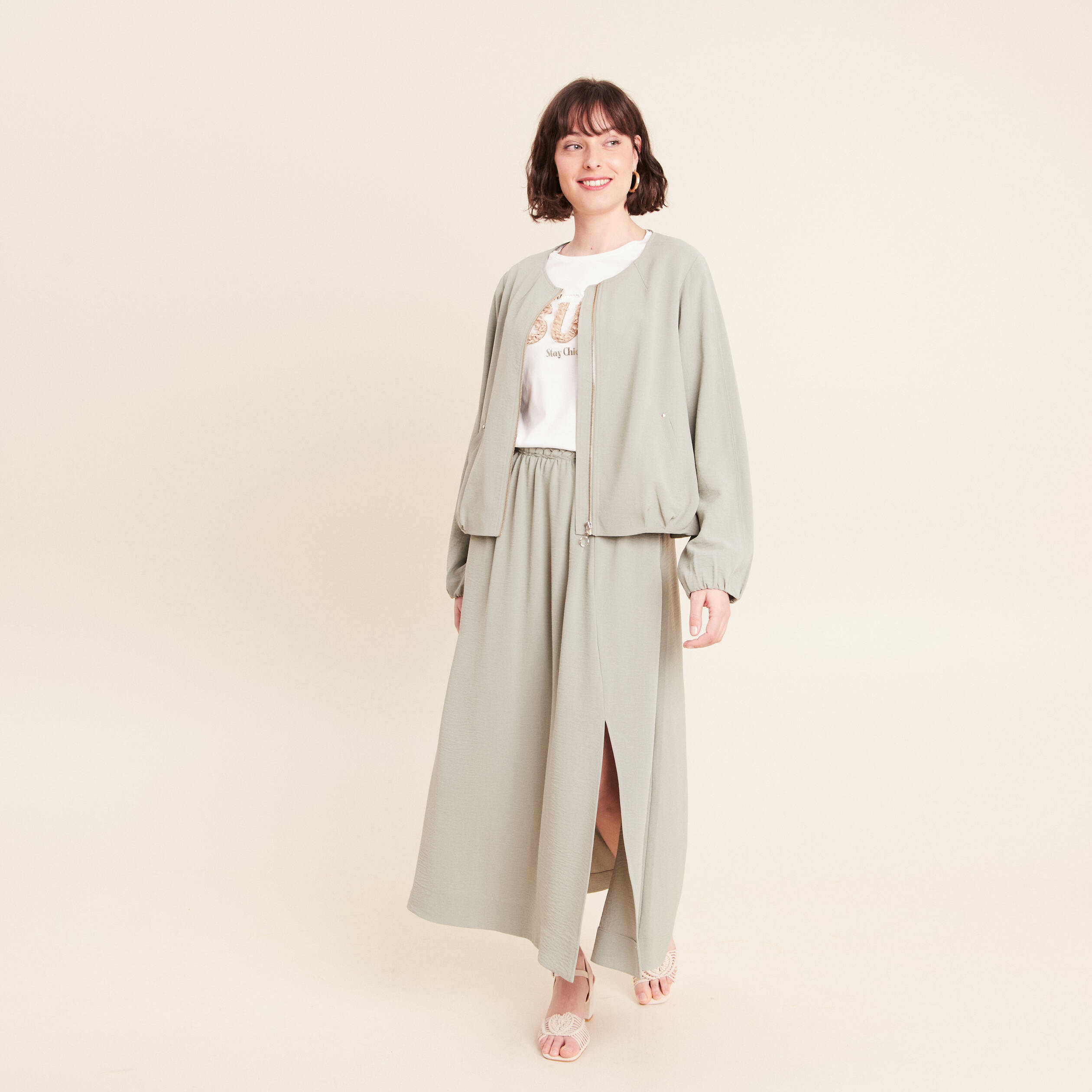 Veste fluide manches longues doubl&eacute;e vert clair femme