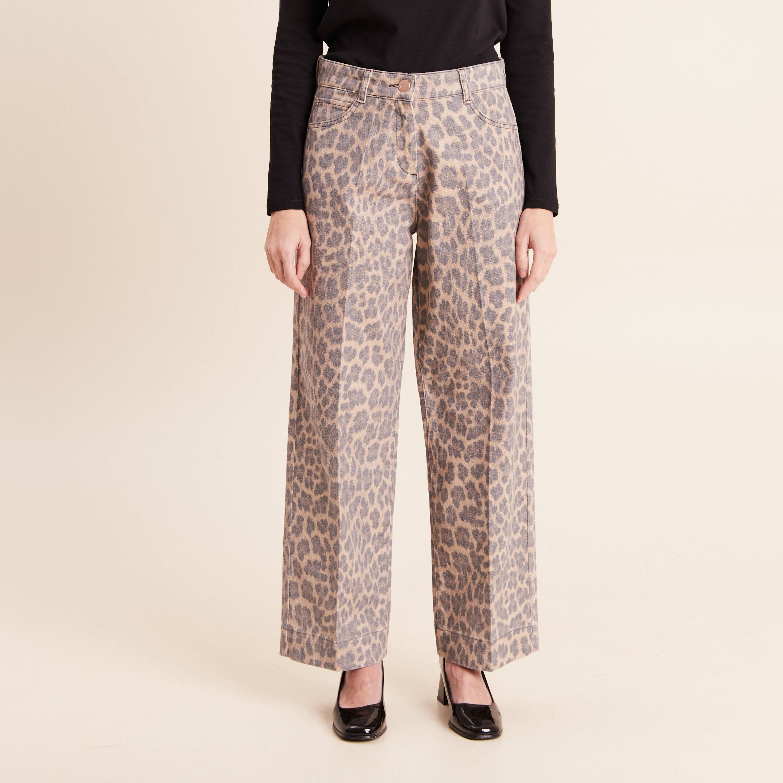 Pantalon taille haute coupe large marron femme