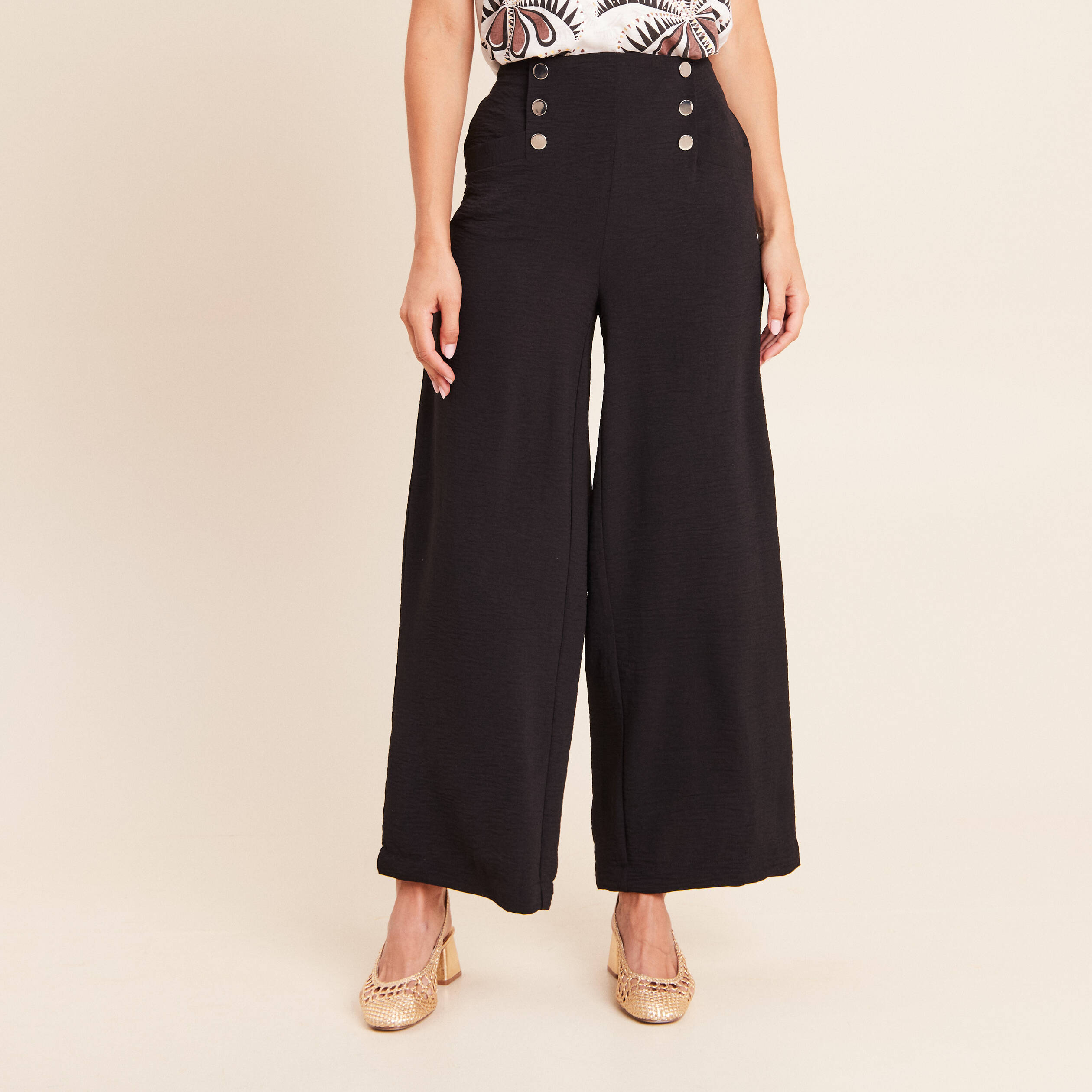 Pantalon large 7/8&egrave;me taille haute noir femme