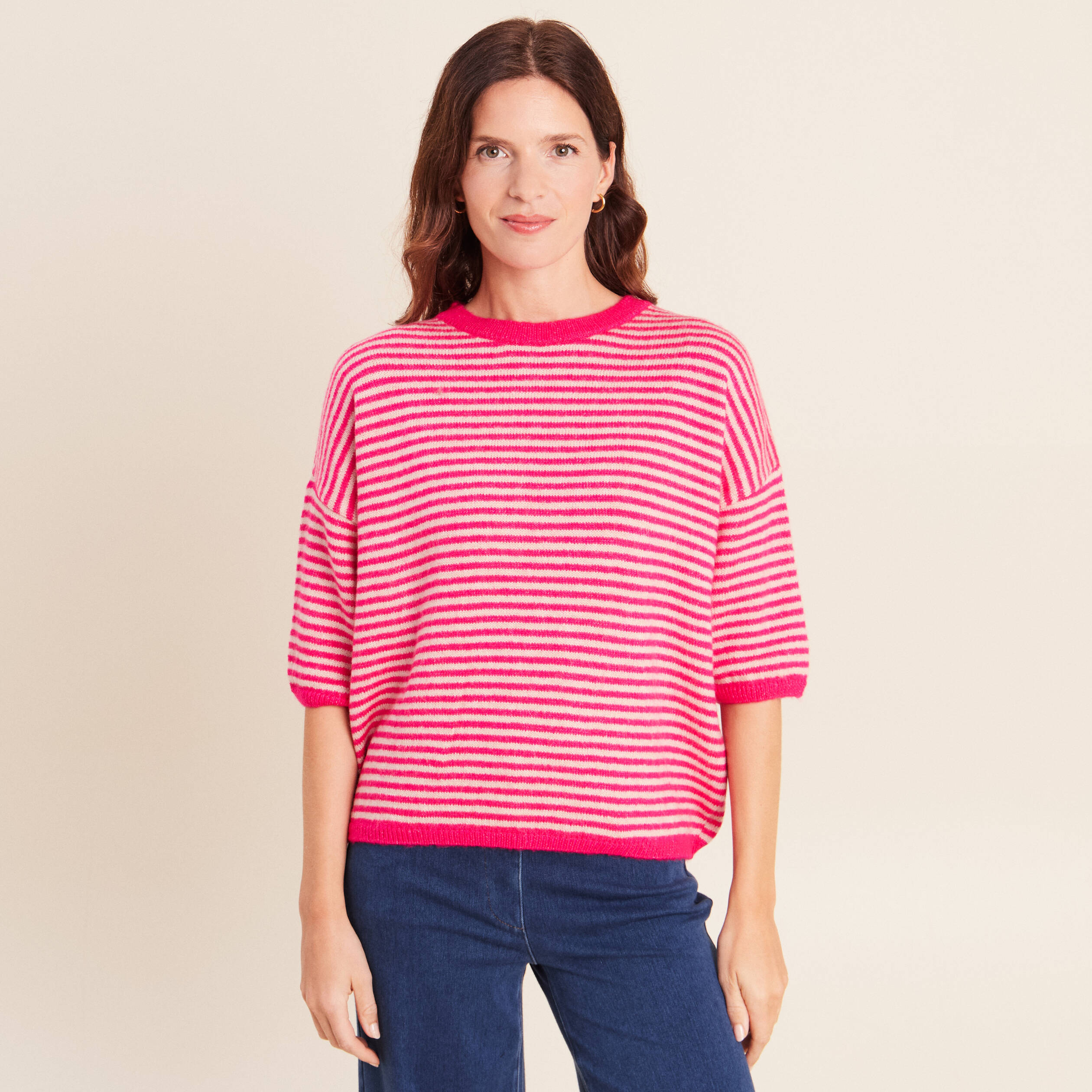Pull droit col rond manches 3/4 rose femme