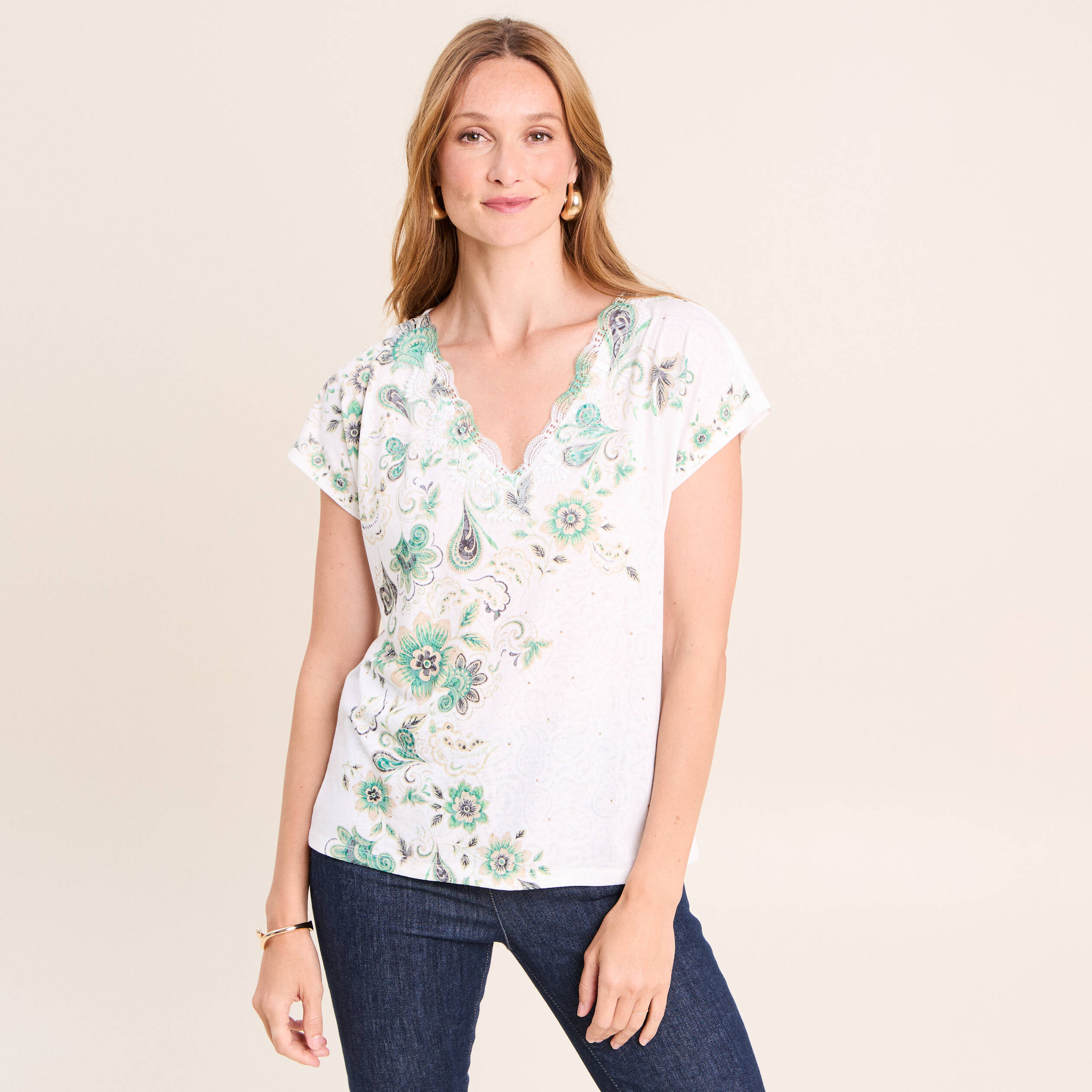 T-shirt col rond ecru femme