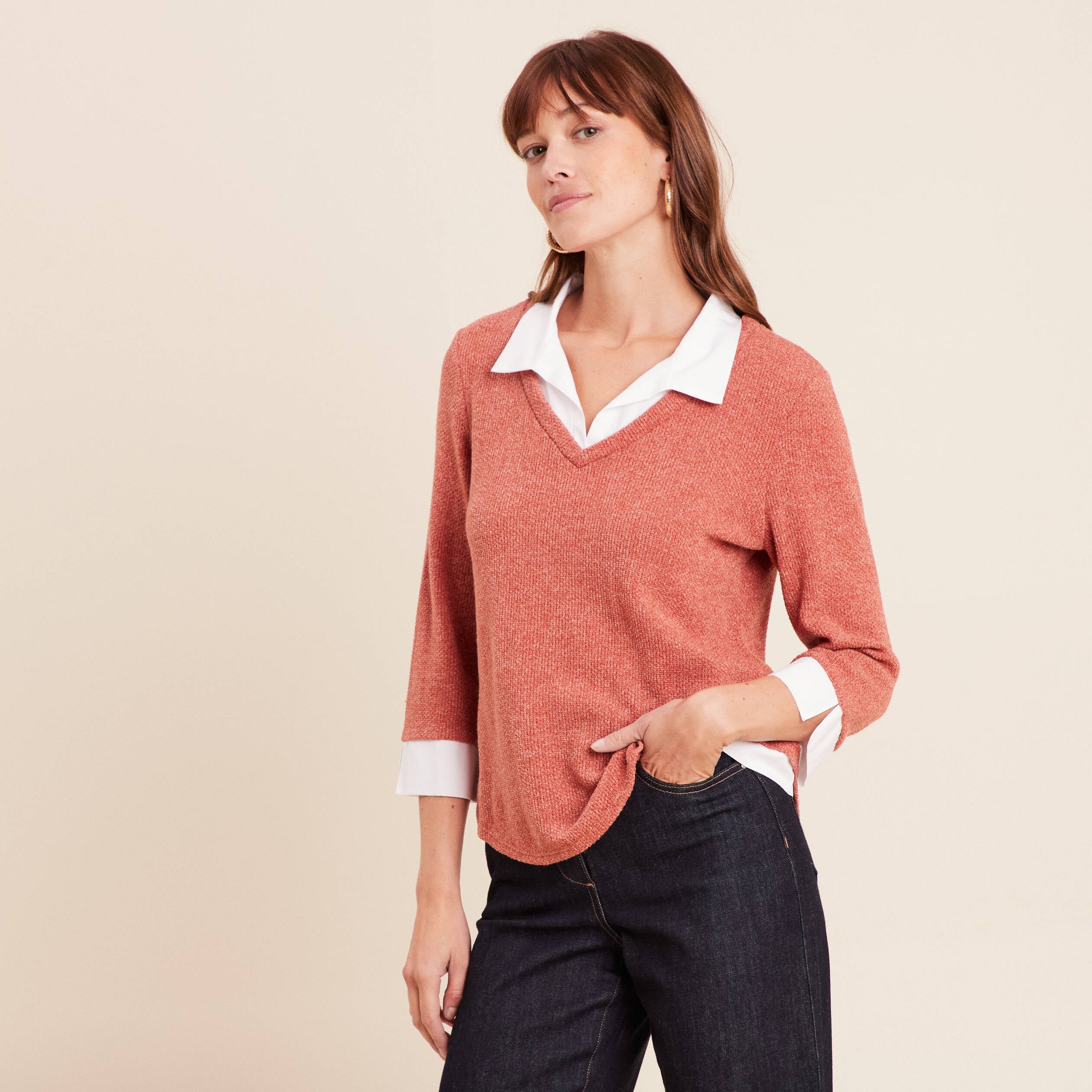 T-shirt col chemise manches 3/4 vieux rose femme