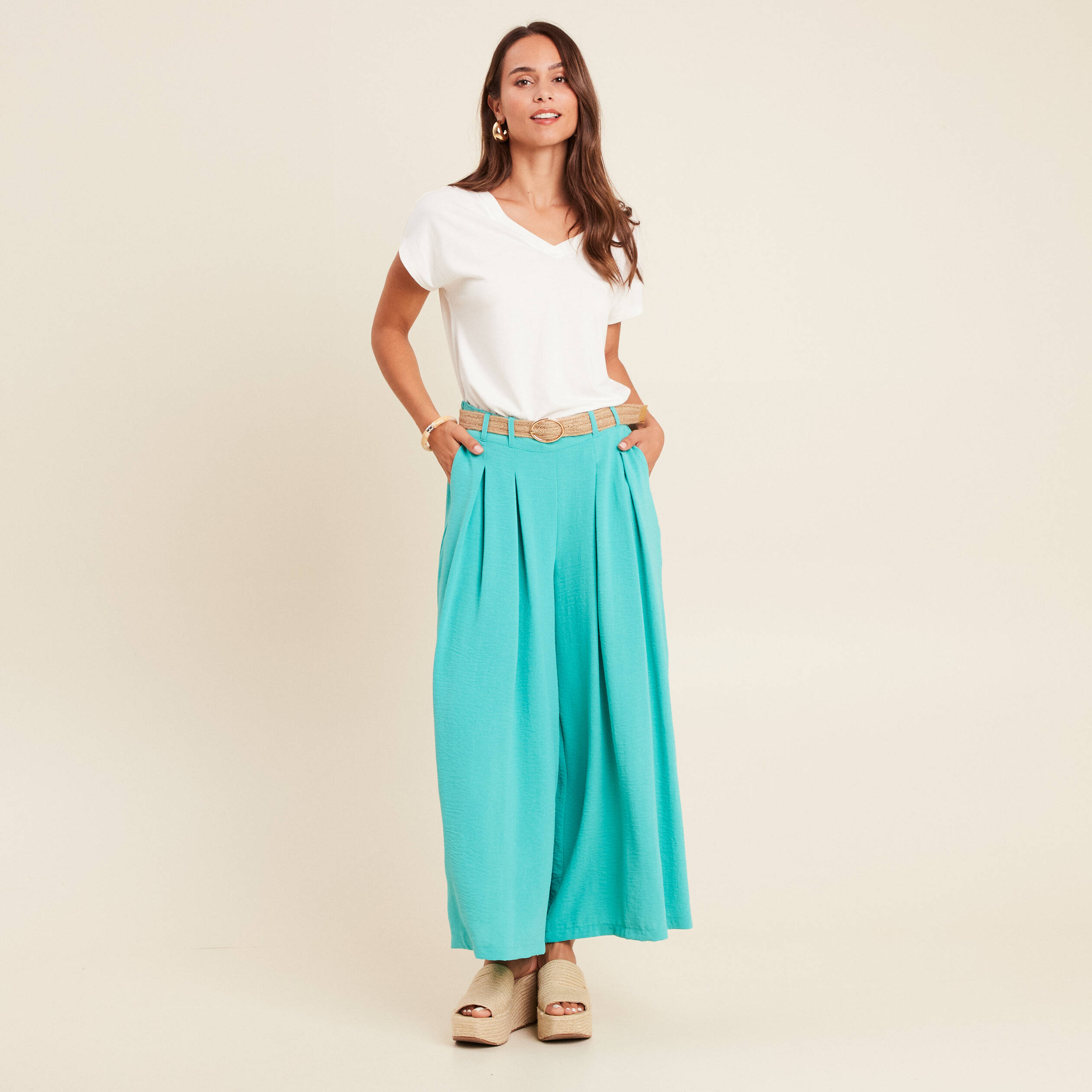 Pantalon jupe-culotte large vert turquoise femme