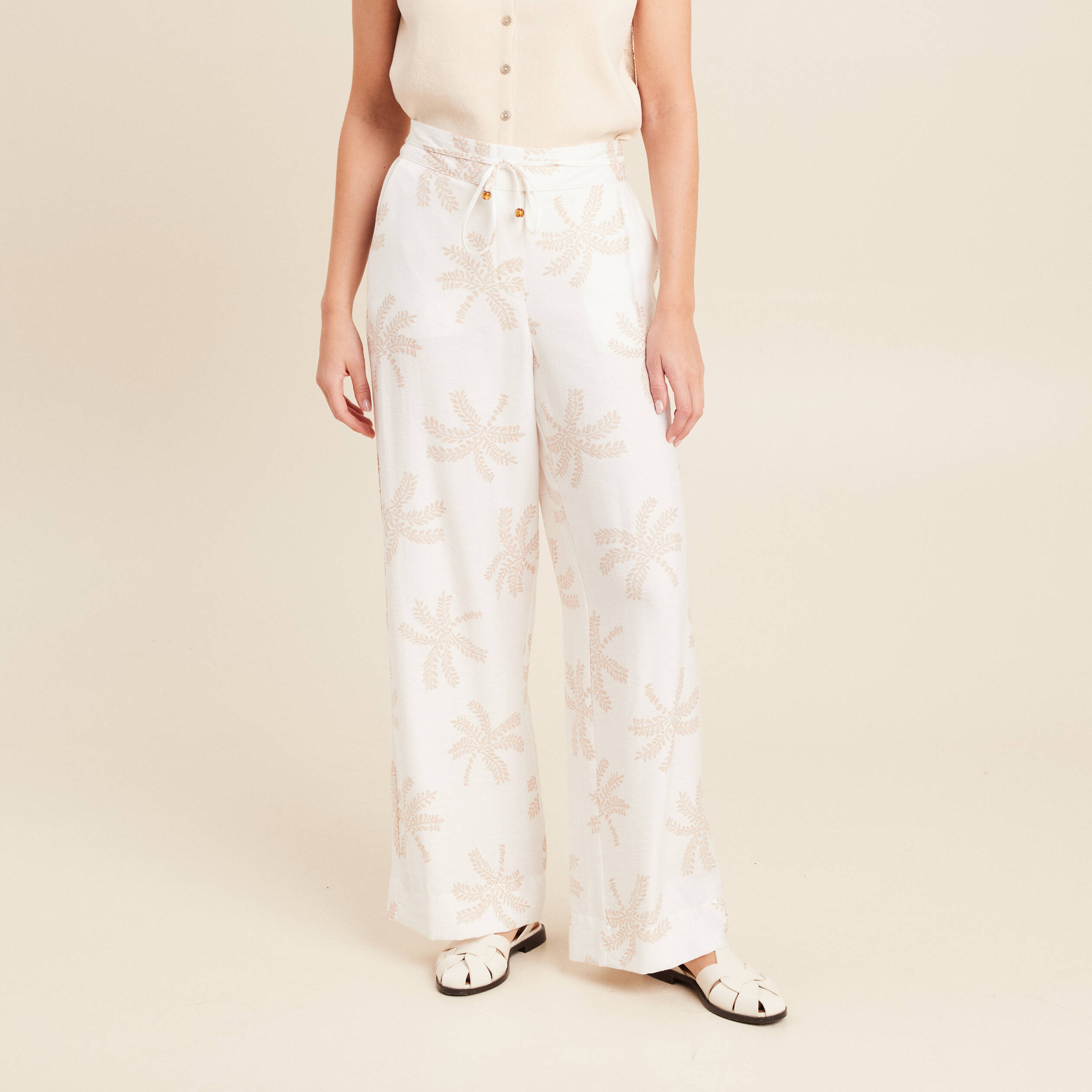 Pantalon large taille haute beige femme