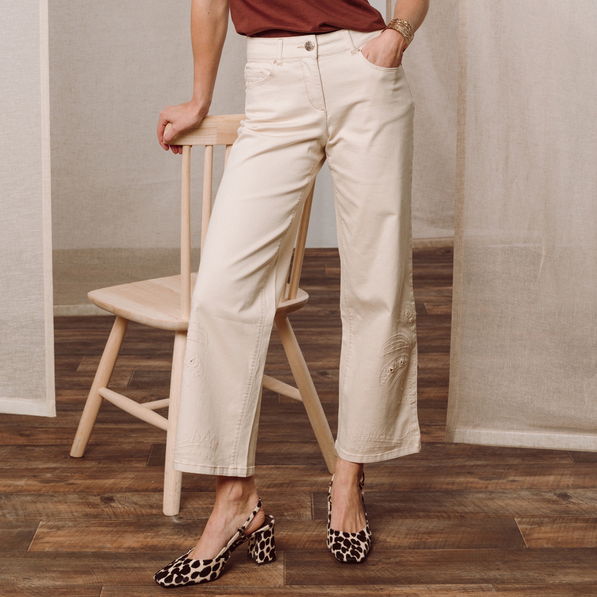 Pantalon 7/8&egrave;me coupe large ivoire femme
