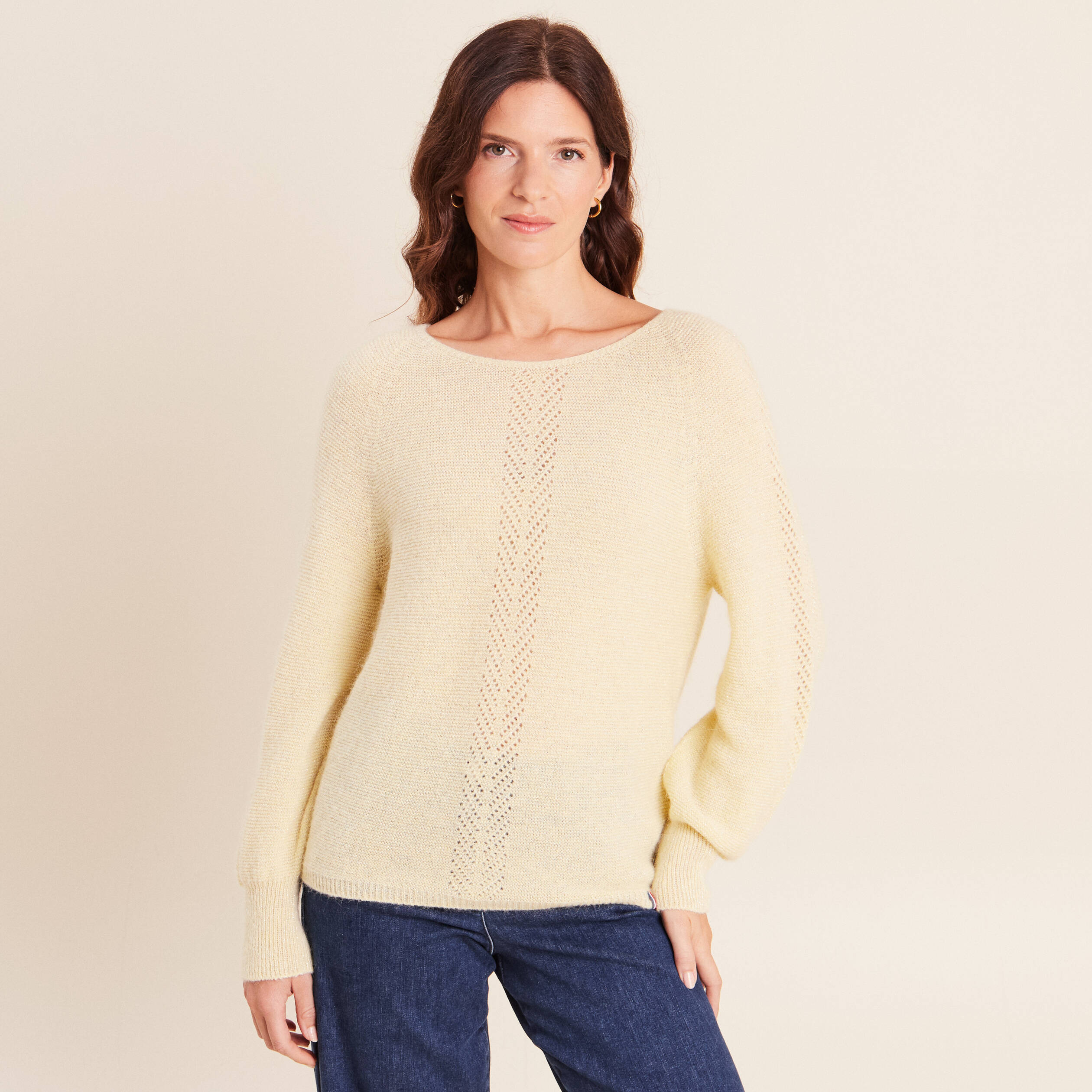 Pull droit col rond manches longues jaune pastel femme