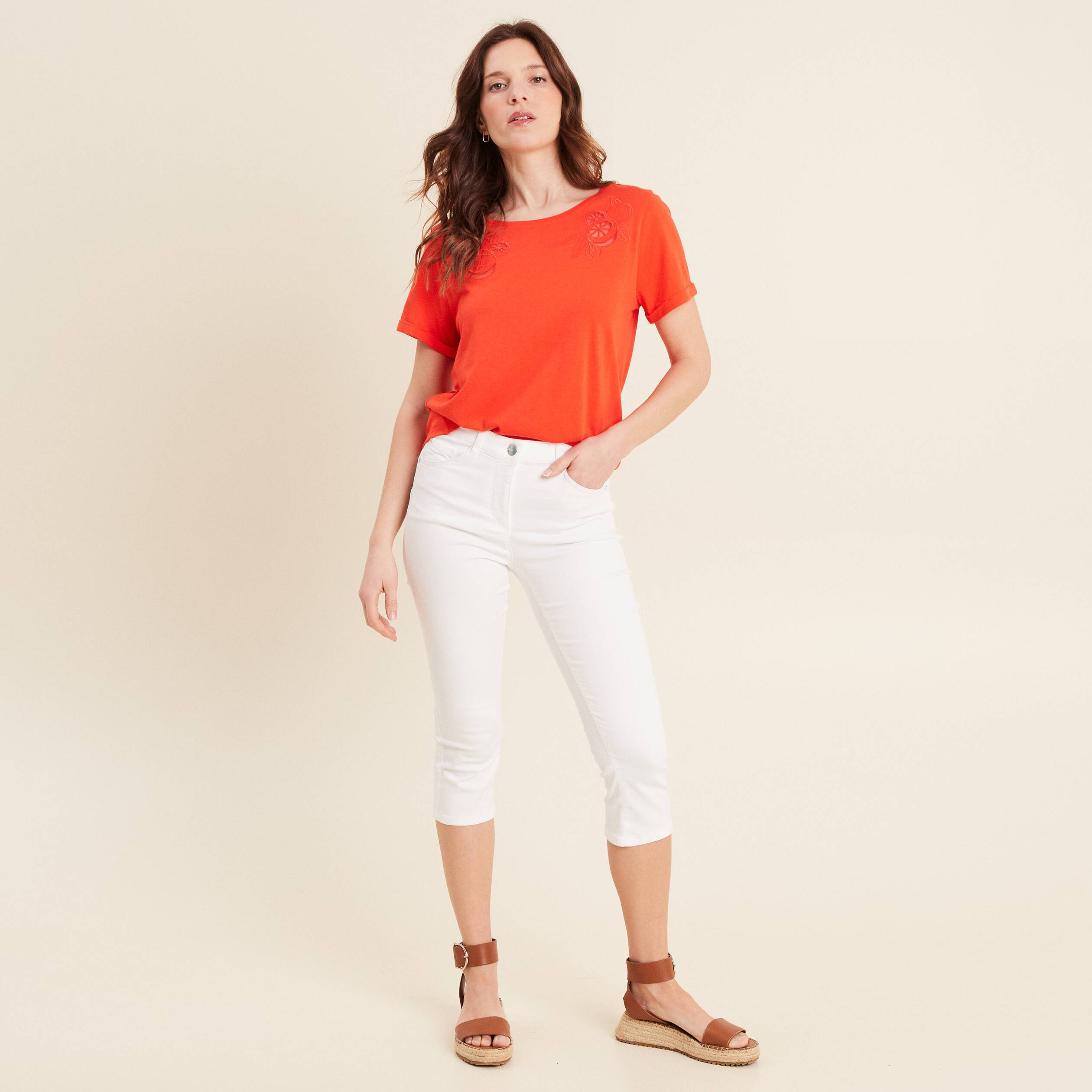t shirt manches courtes brode orange fonce femme T-shirt manches courtes brodé orange foncé femme