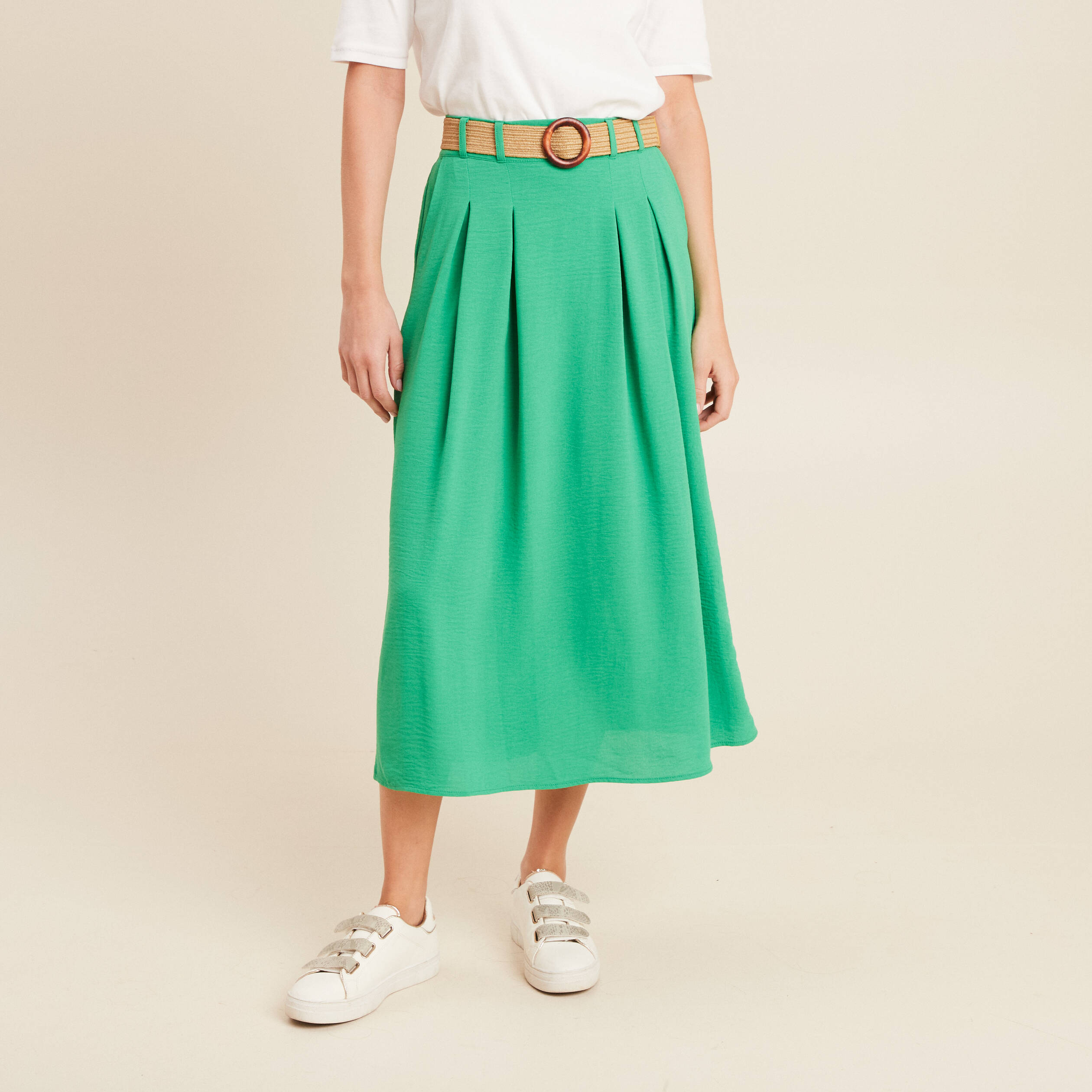 jupe longue evasee ceinturee vert femme Jupe longue évasée ceinturée vert femme