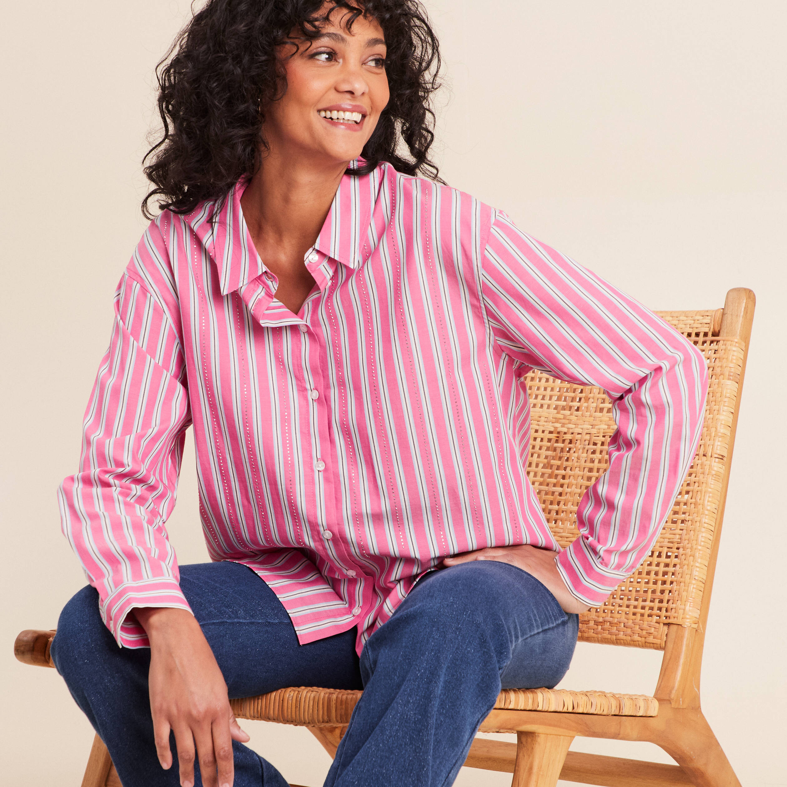 Chemise manches longues en coton strass rose femme