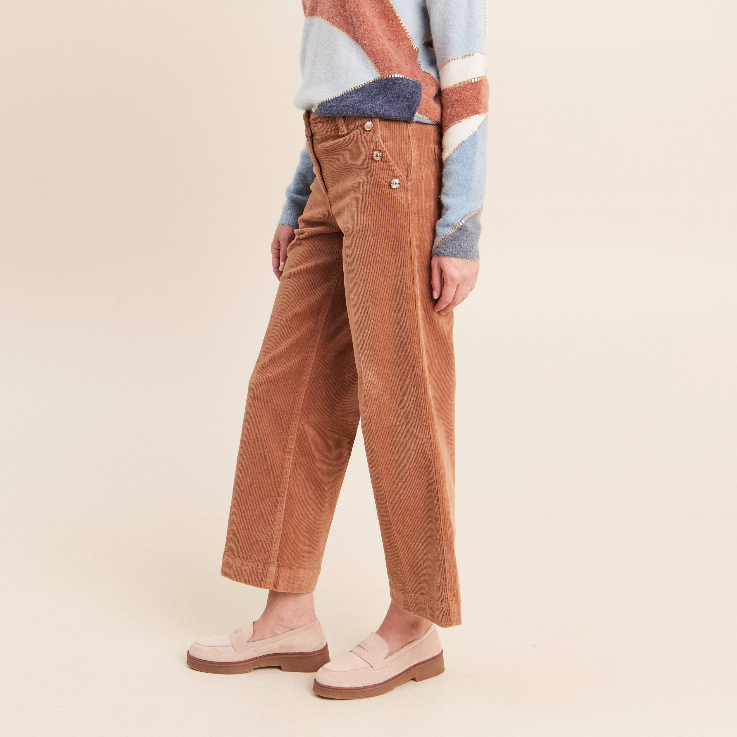 Pantalon large velours c&ocirc;tel&eacute; marron femme