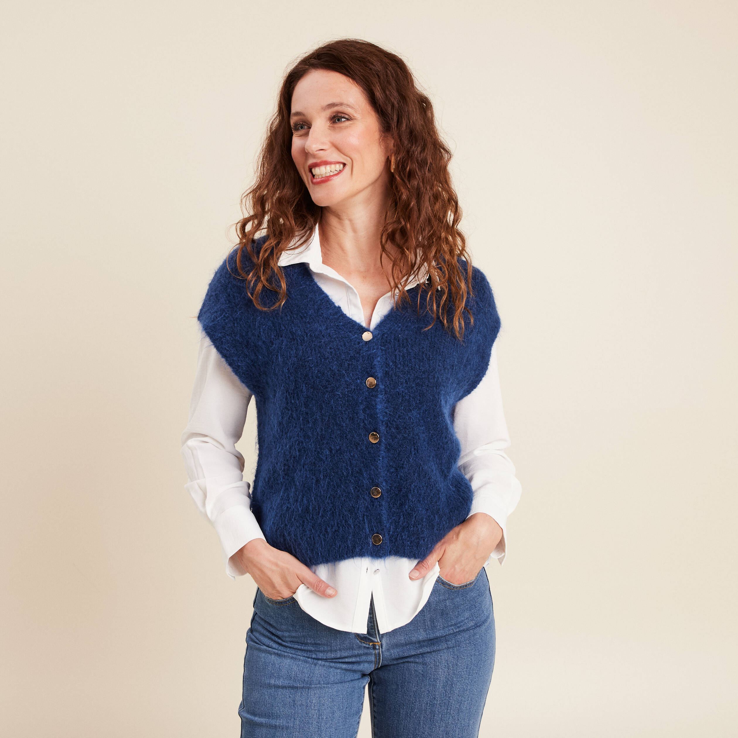 Gilet droit mi-long col v bleu marine femme