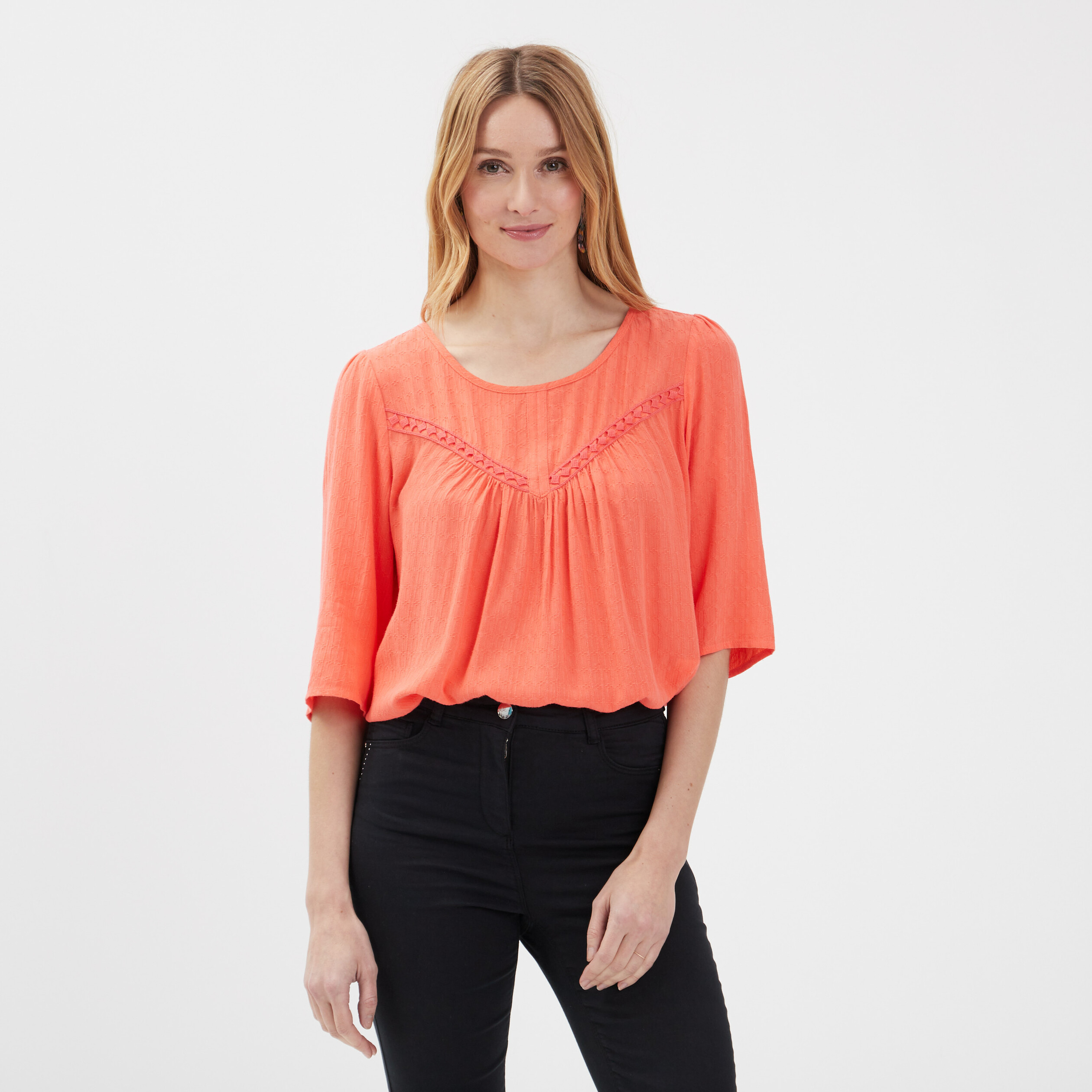 blouse manches 34 orange clair femme Blouse manches 3/4 orange clair femme