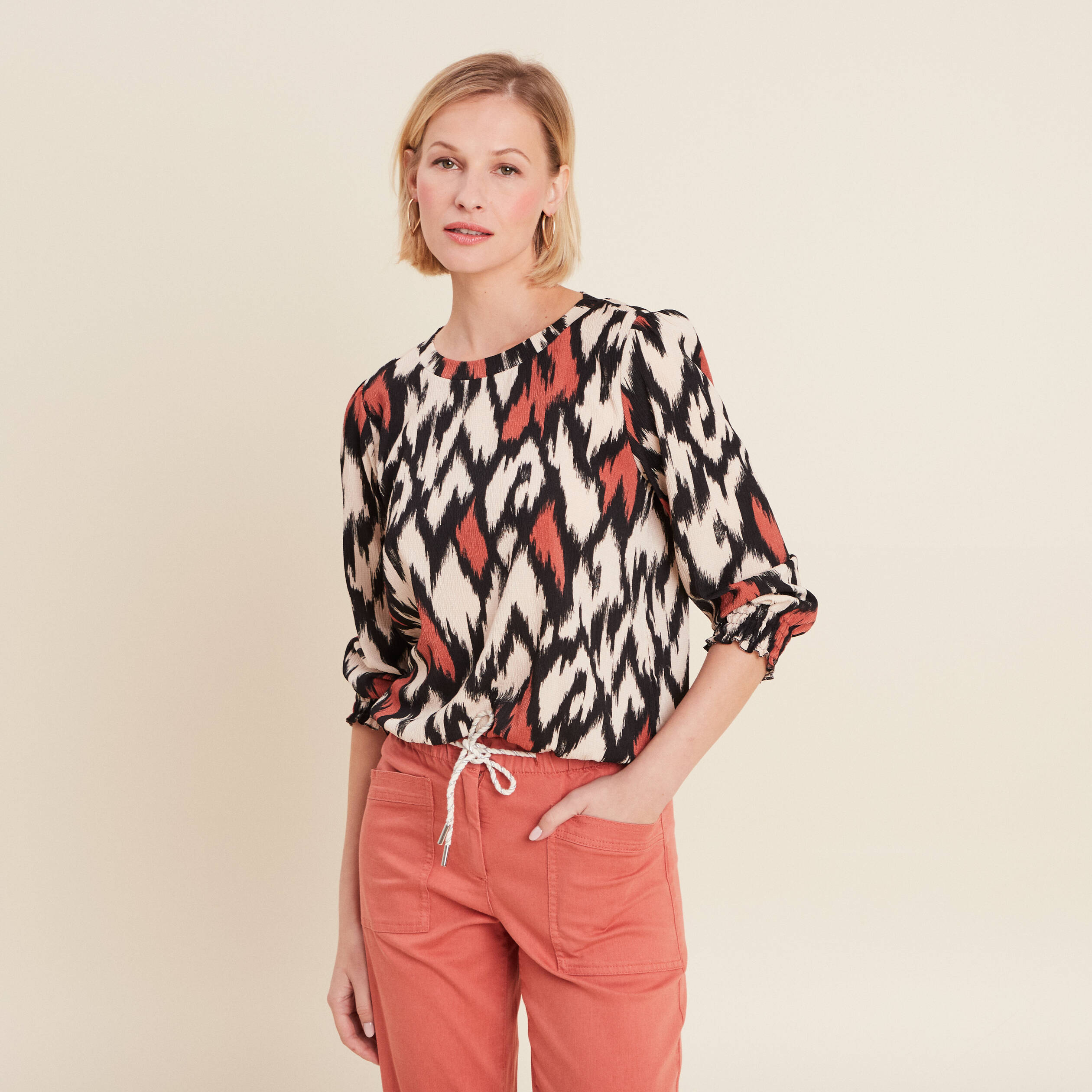 blouse manches 34 orange femme Blouse manches 3/4 orange femme