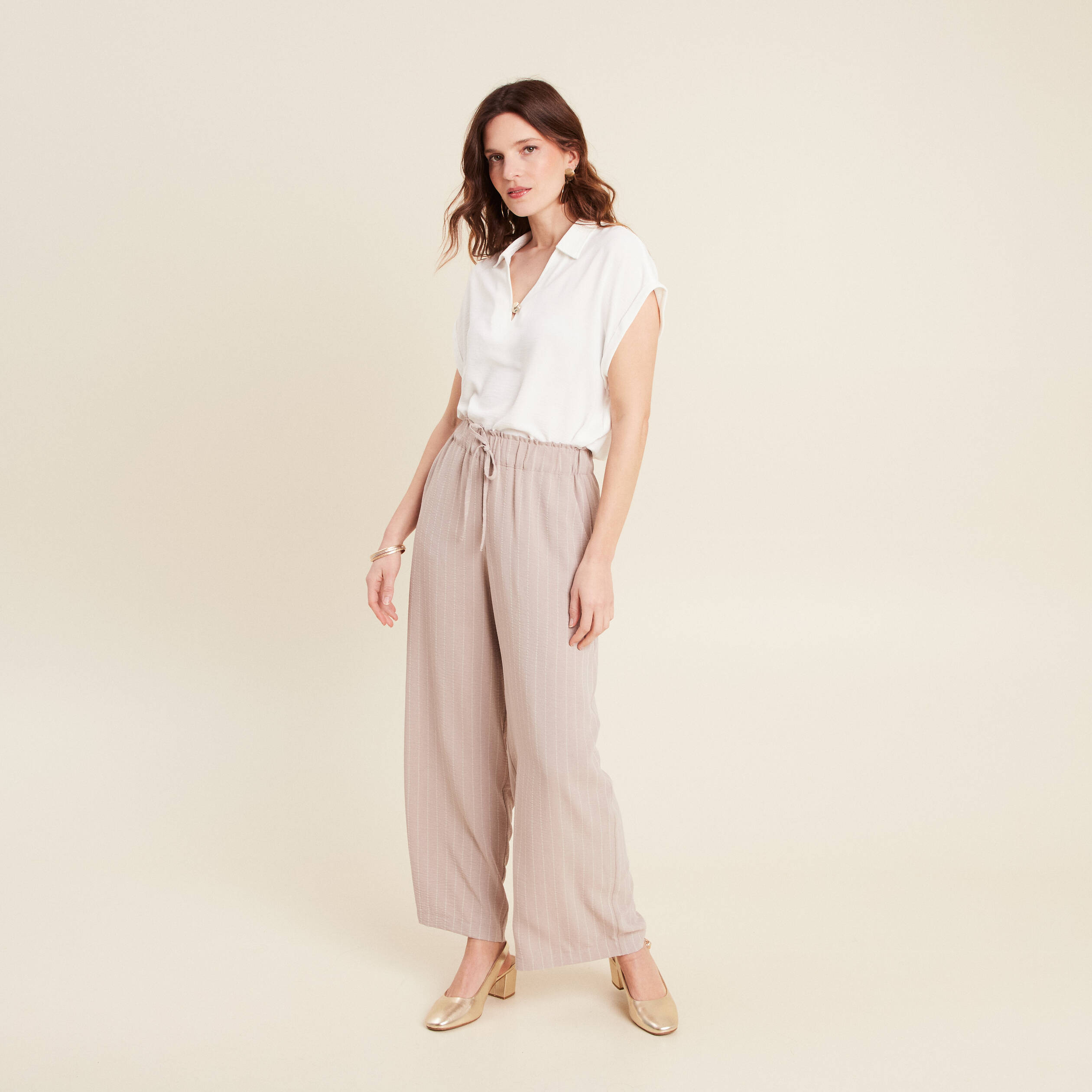 pantalon large taille haute beige femme Pantalon large taille haute beige femme