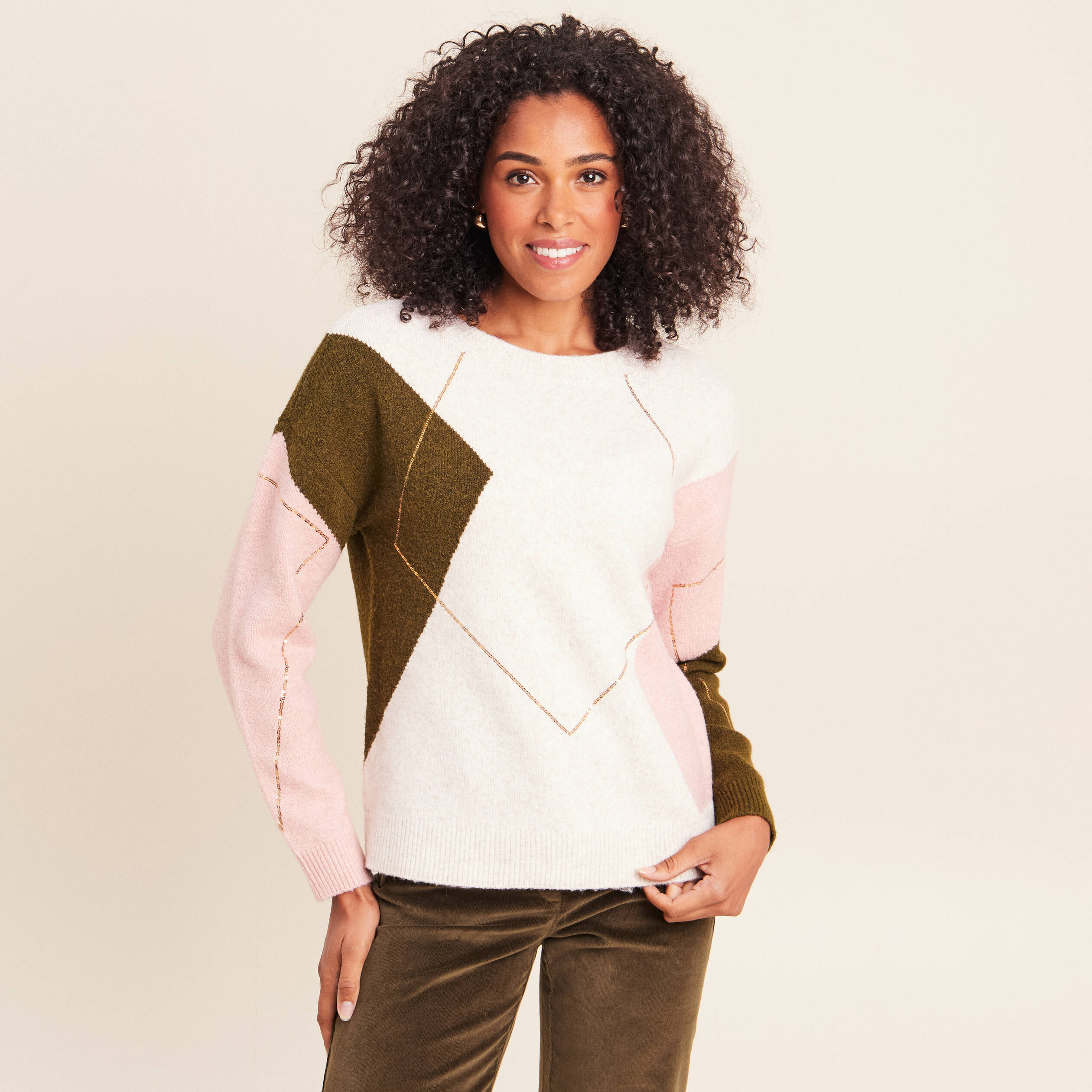 Pull col rond beige femme