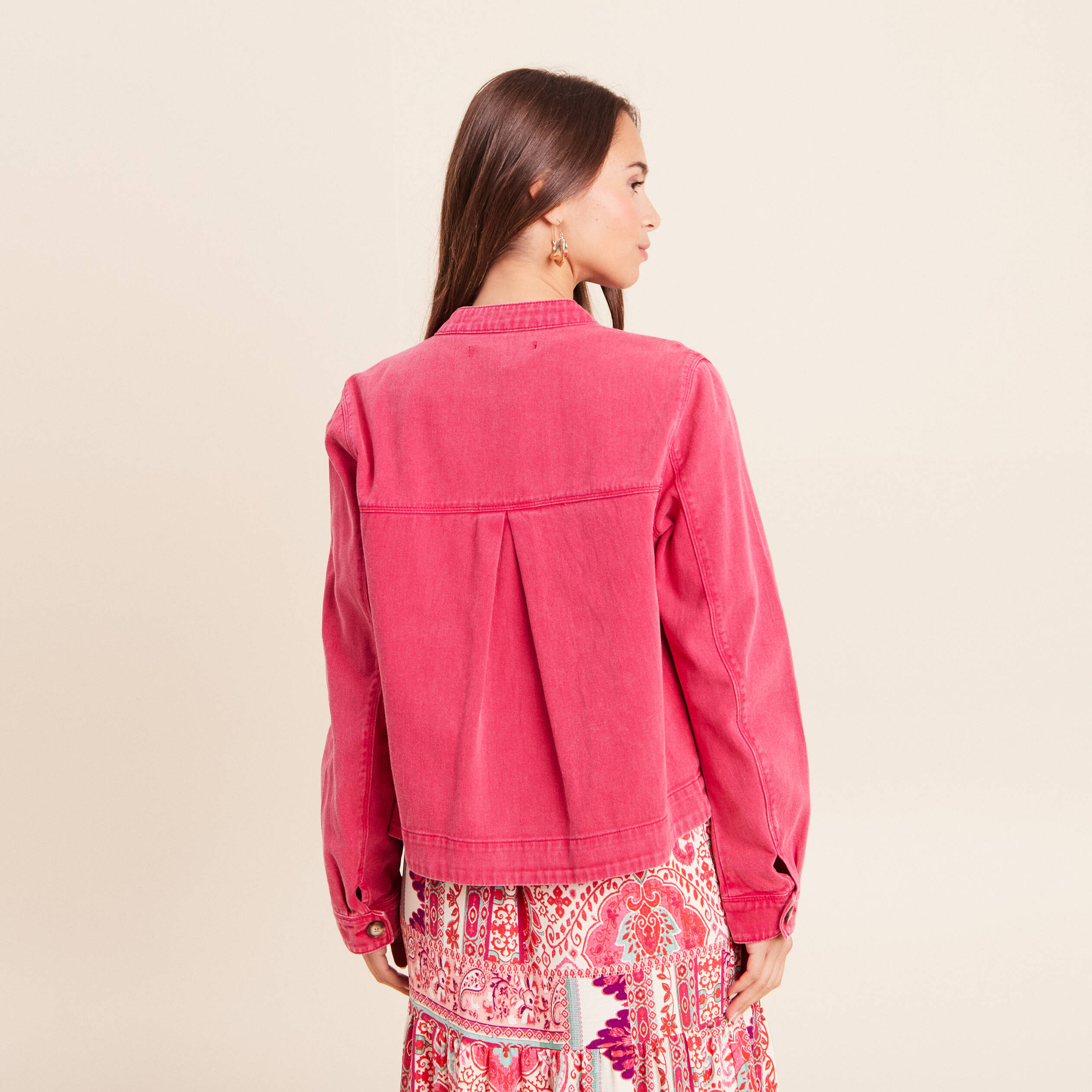 Veste ample courte en jean rose fushia femme